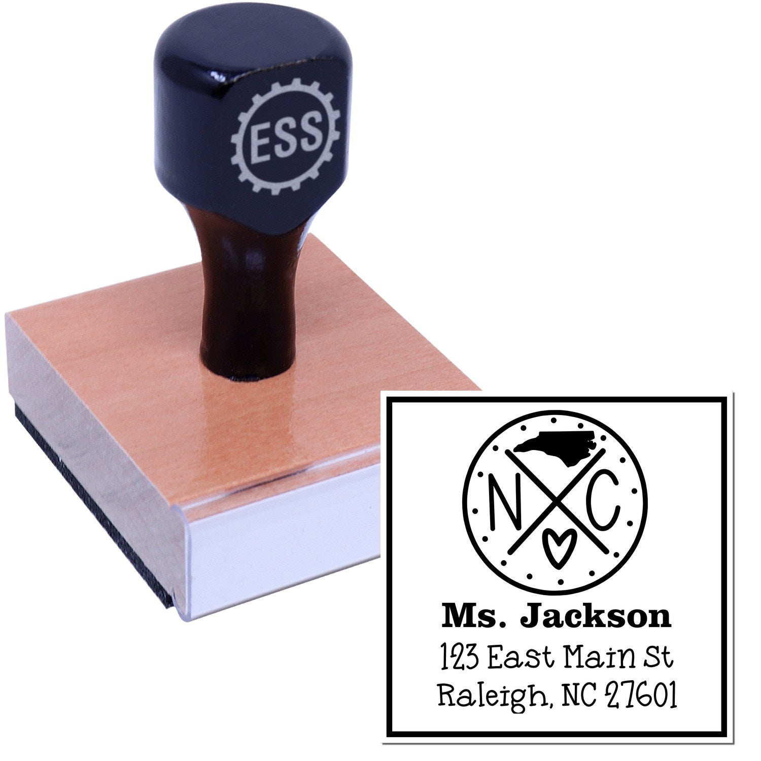 Wood Handle North Carolina State Cross Customizable Home Address Rubber Stamp - Engineer Seal Stamps