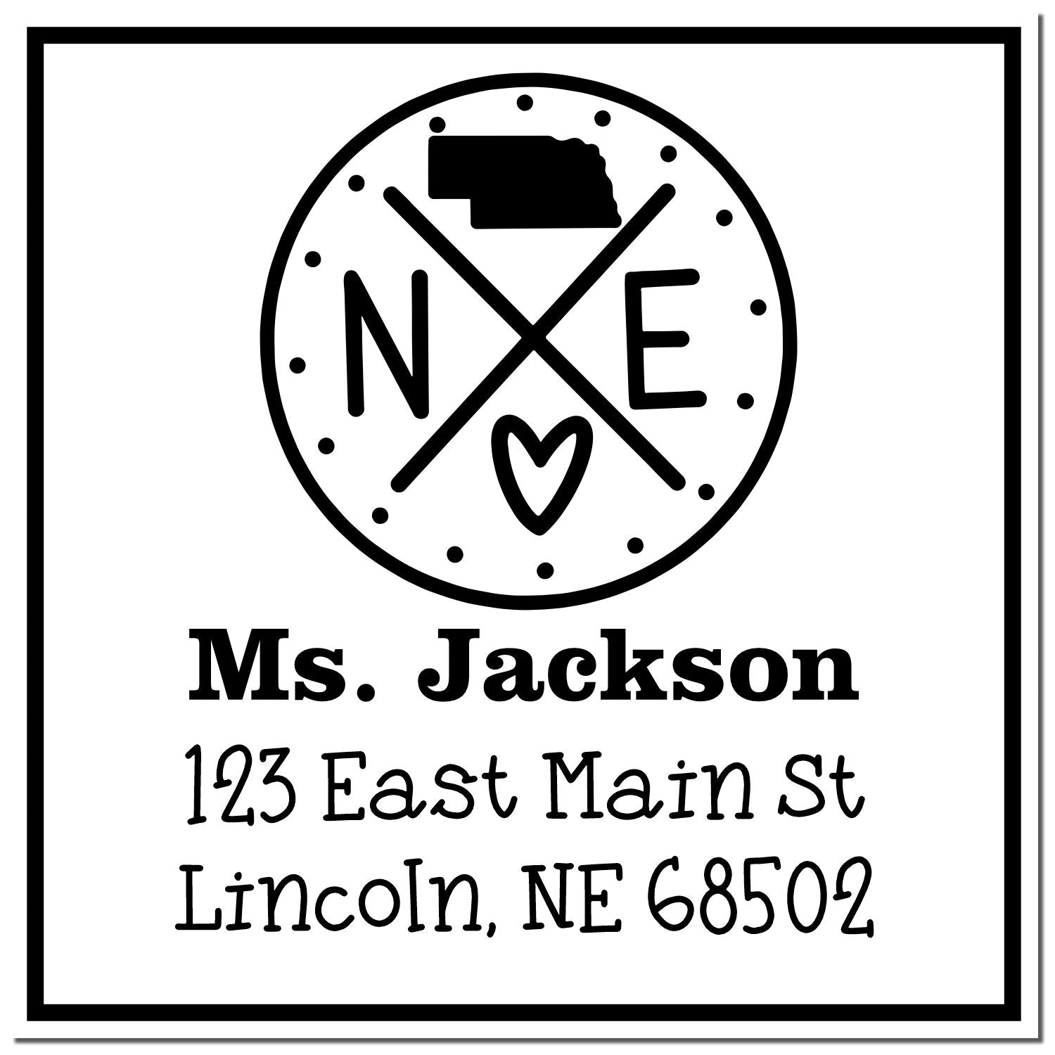 Black-and-white custom return address stamp seal with circular logo, heart, NE, and Ms. Jackson, 123 East Main St, Lincoln, NE 68502
