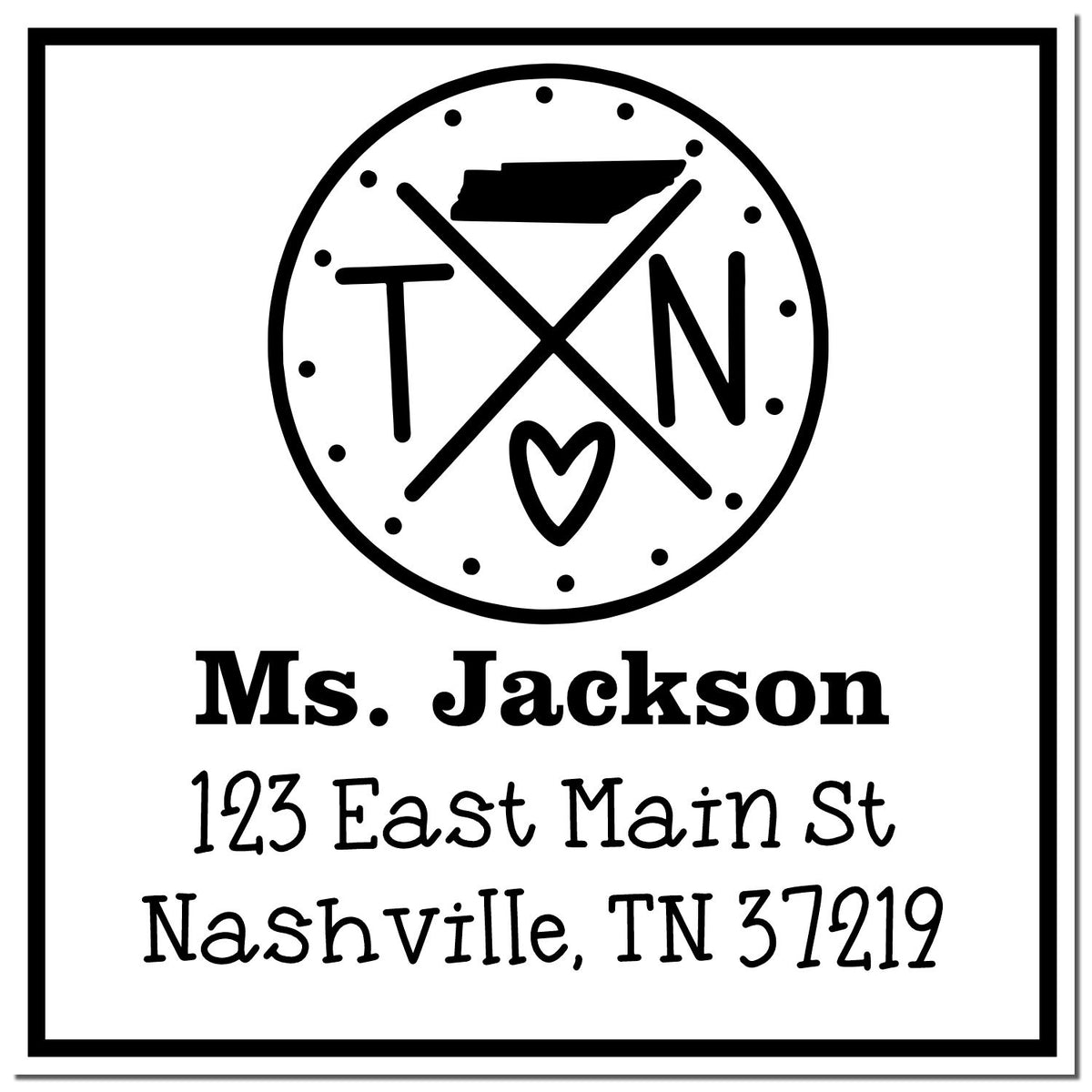 Black-and-white custom address stamp and seal for Ms. Jackson, Nashville TN, with circular TN heart logo.