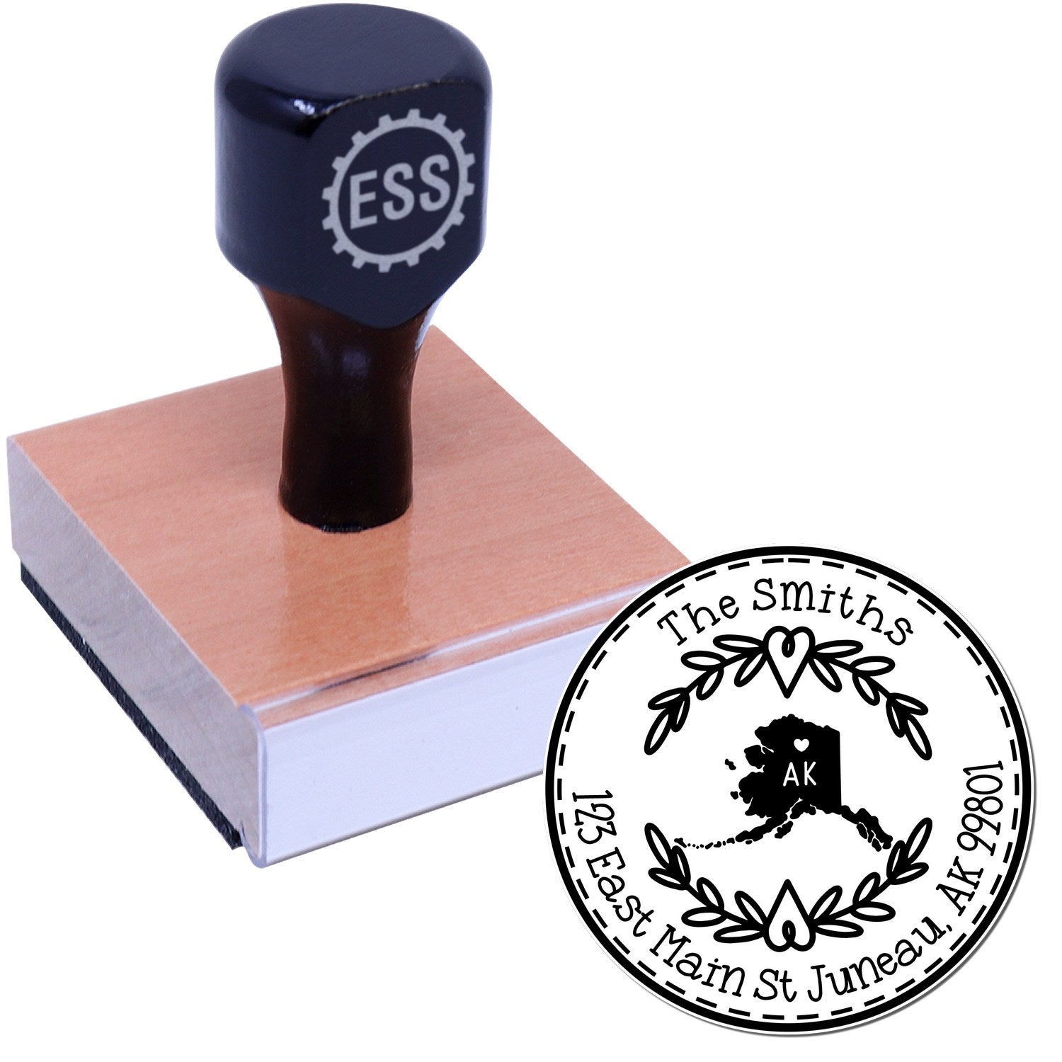 Wooden Handle Round Alaska State Wreath Custom-Made Name and Address Stamp - Engineer Seal Stamps