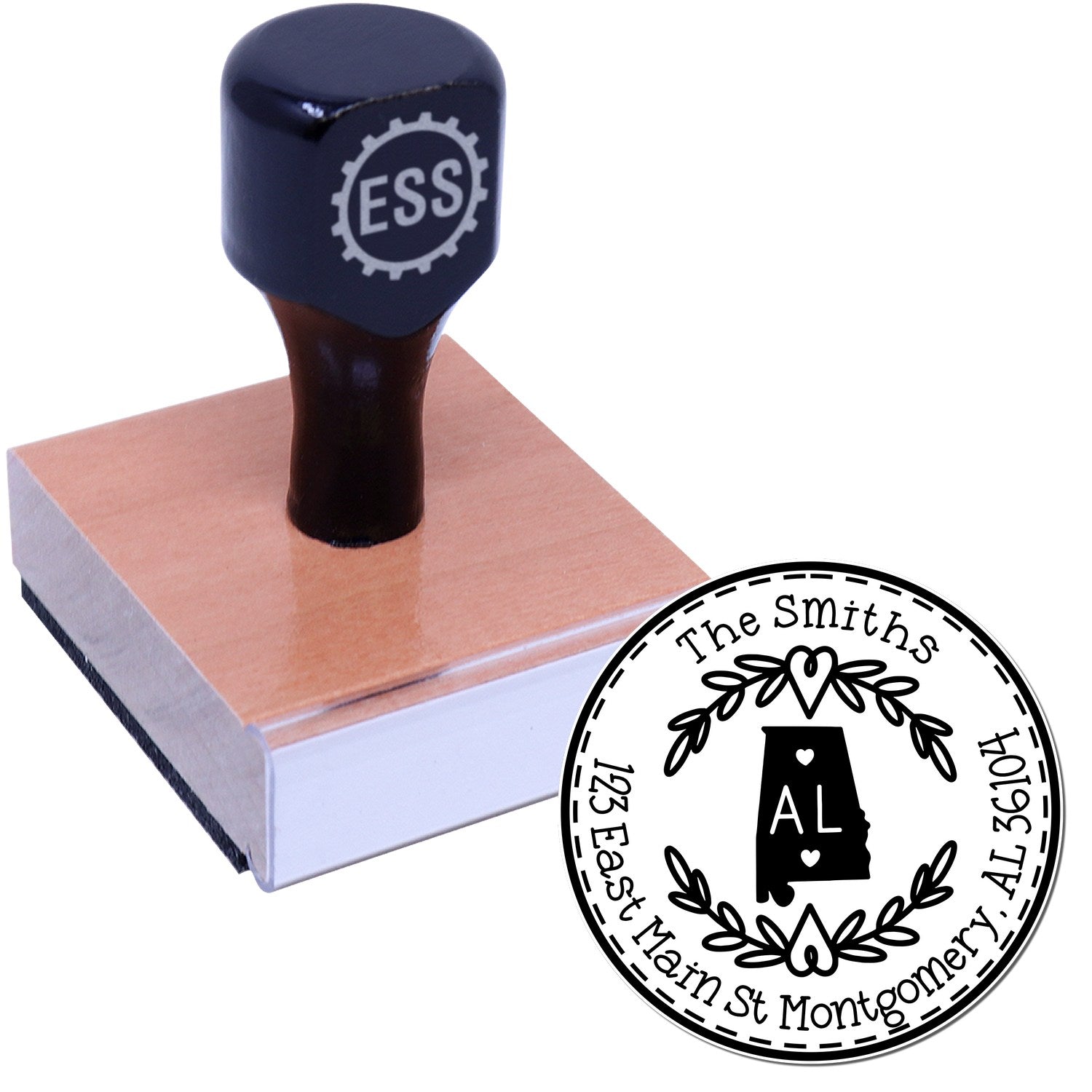 Wooden Handle Round Alabama State Wreath Custom-Made Name and Address Rubber Stamp - Engineer Seal Stamps