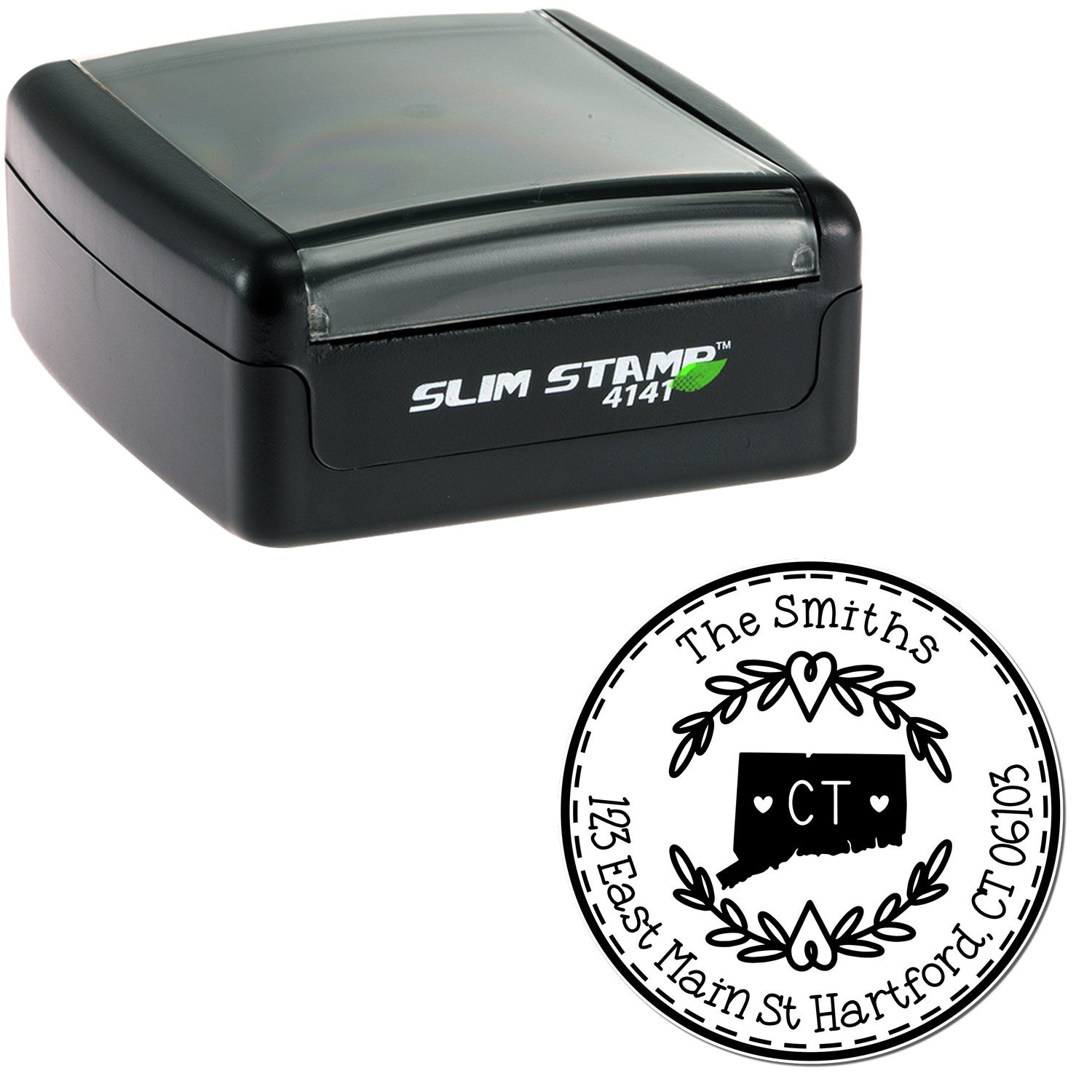Slim Connecticut State Wreath Customizable Mail Pre-Inked Stamp - Engineer Seal Stamps