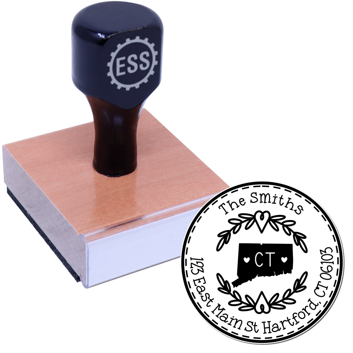 Wooden Handle Round Connecticut State Wreath Custom-Made New Home Address Rubber Stamp - Engineer Seal Stamps