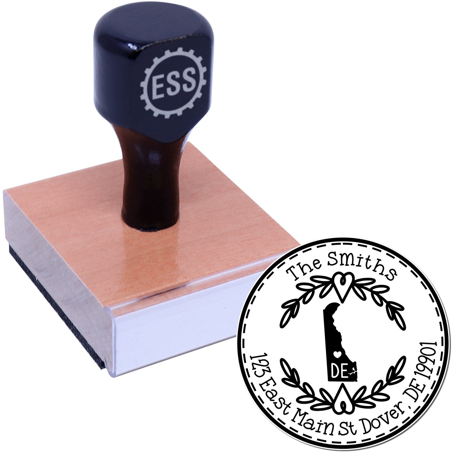 Wooden Handle Round Delaware State Wreath Custom-Made New Home Address Stamp - Engineer Seal Stamps