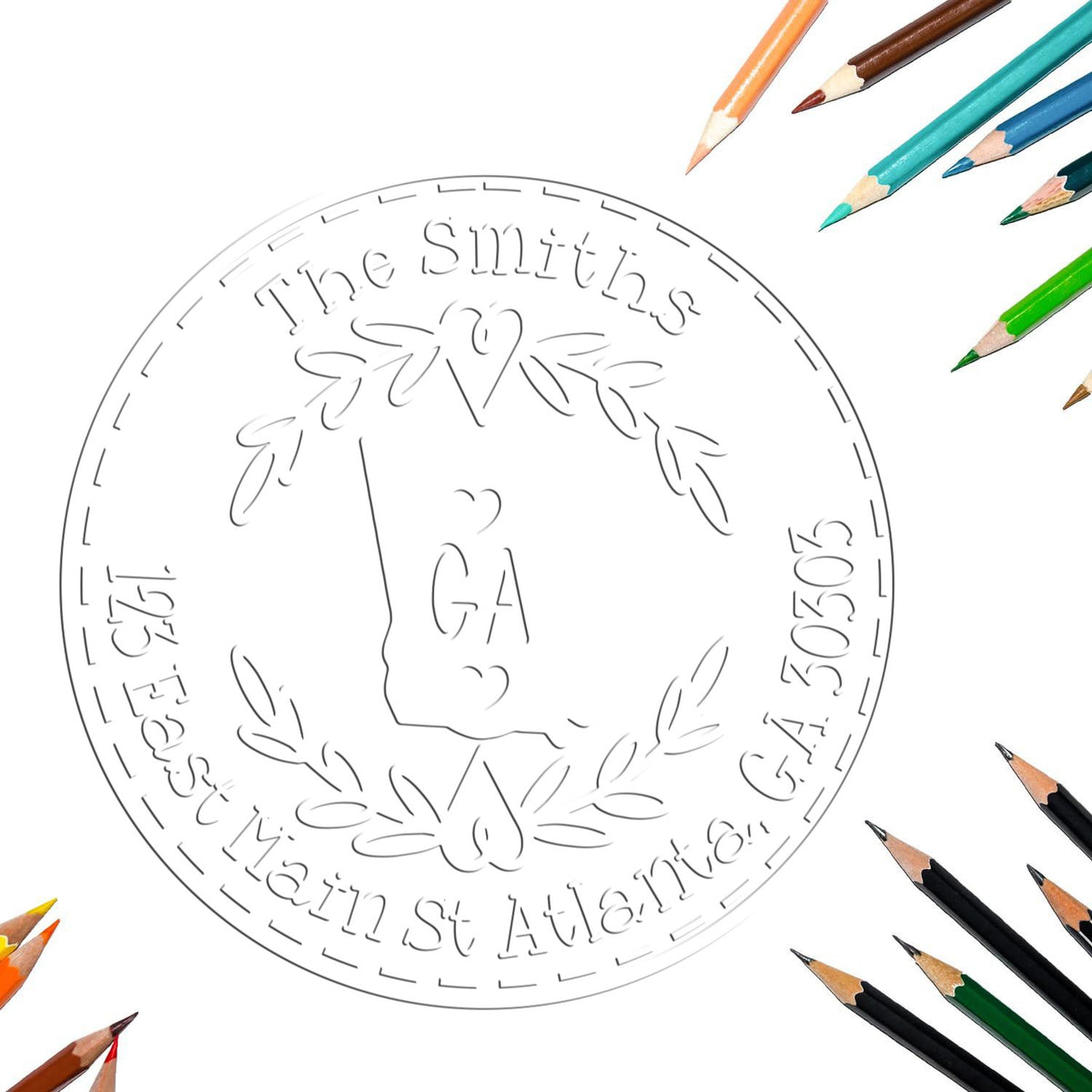 White circular seal stamp with embossed The Smiths and GA 5032, surrounded by colorful pencils on a white background.