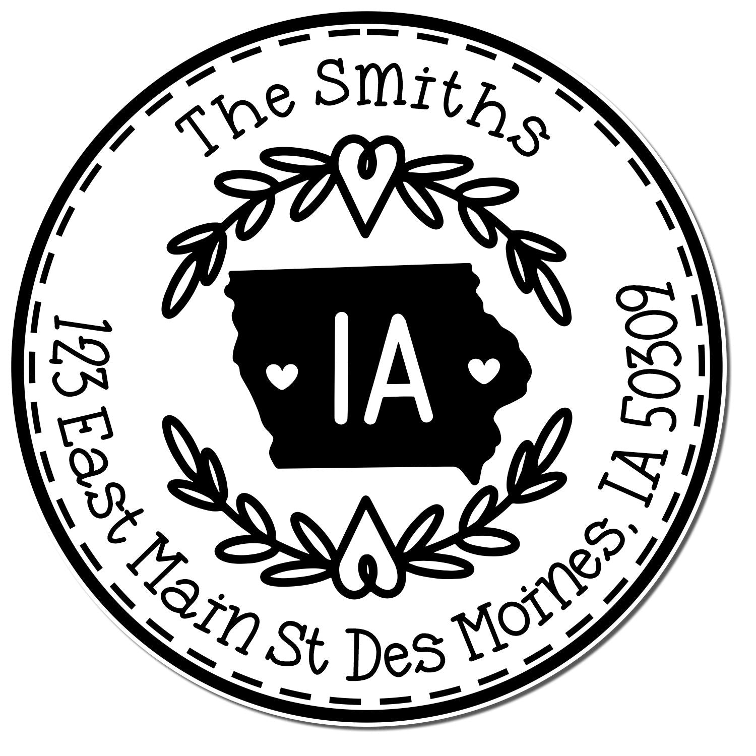 Black-and-white custom seal stamp with Iowa outline, laurel wreath, hearts, and text The Smiths and 123 East Main St