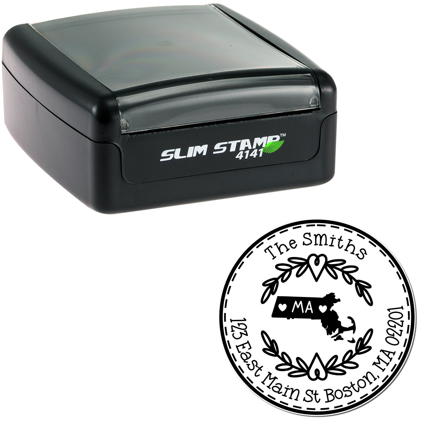 Slim Massachusetts State Wreath Customizable New Address Pre-Inked Stamp - Engineer Seal Stamps