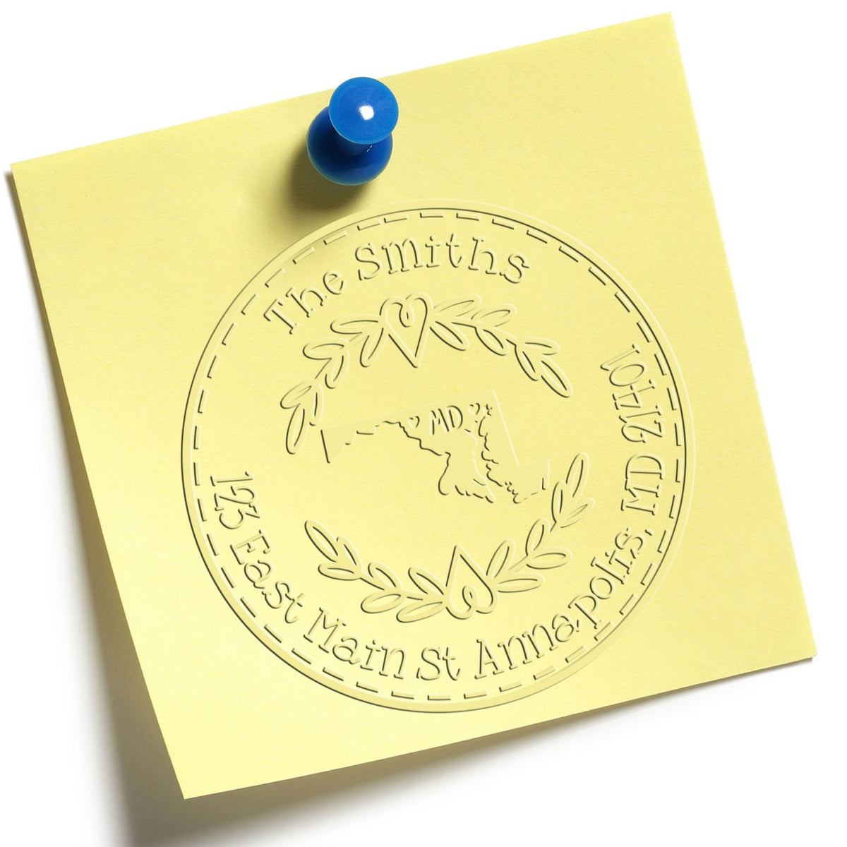 Trodat State Love Stamps MD custom address return seal embosser in use, featuring Maryland state design and embossed address detail.