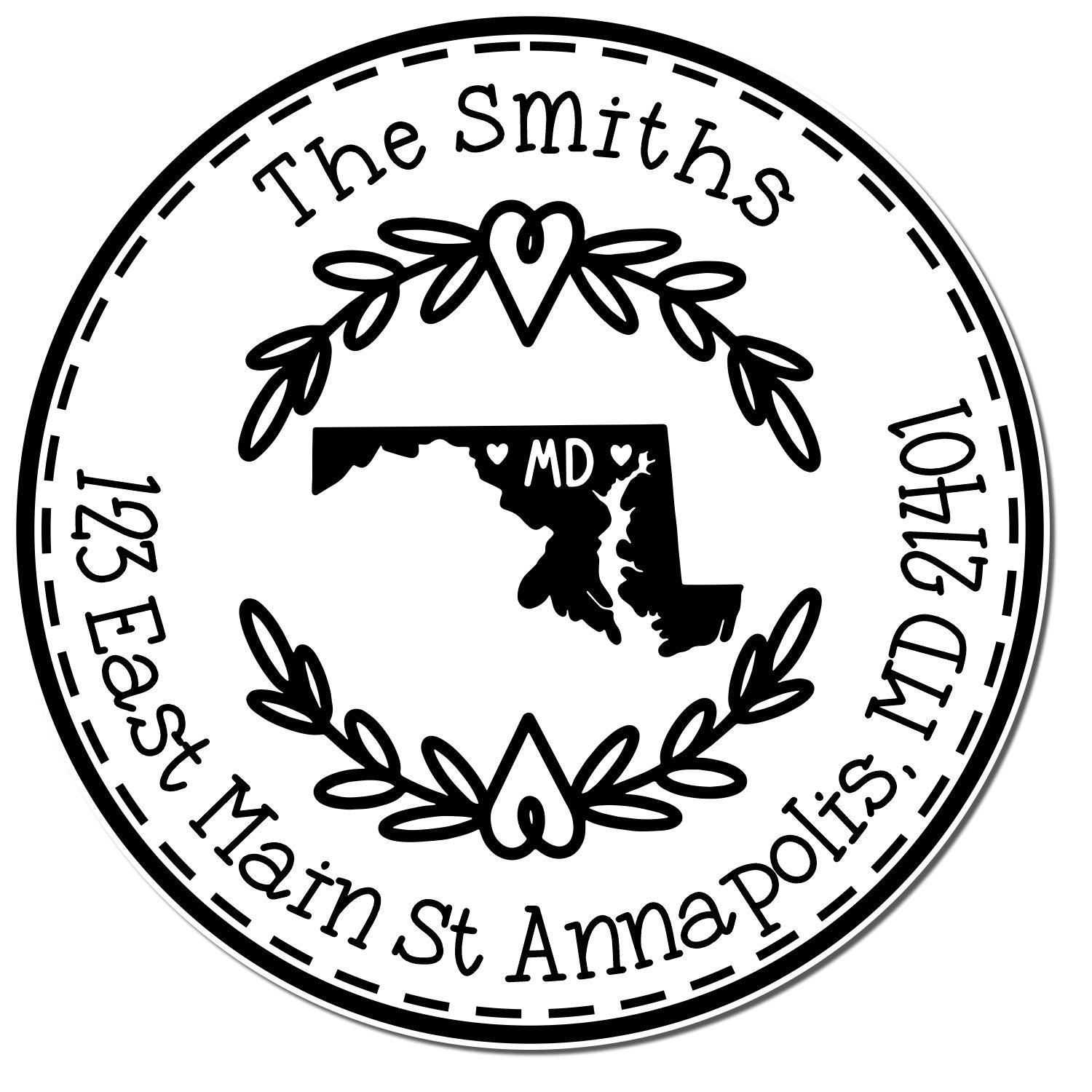 Black custom stamp seal with Maryland outline, laurel wreath, hearts, and The Smiths text in a circular design.