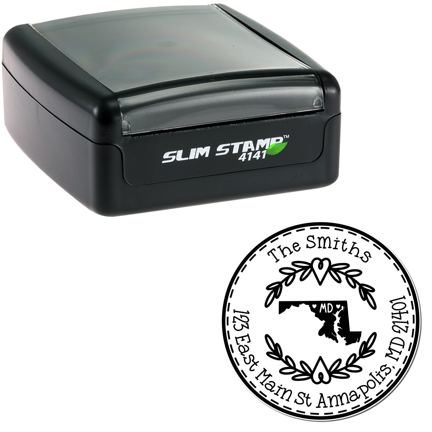 Black Slim Stamp 4141 self-inking stamp with a circular black custom Maryland seal design on white background