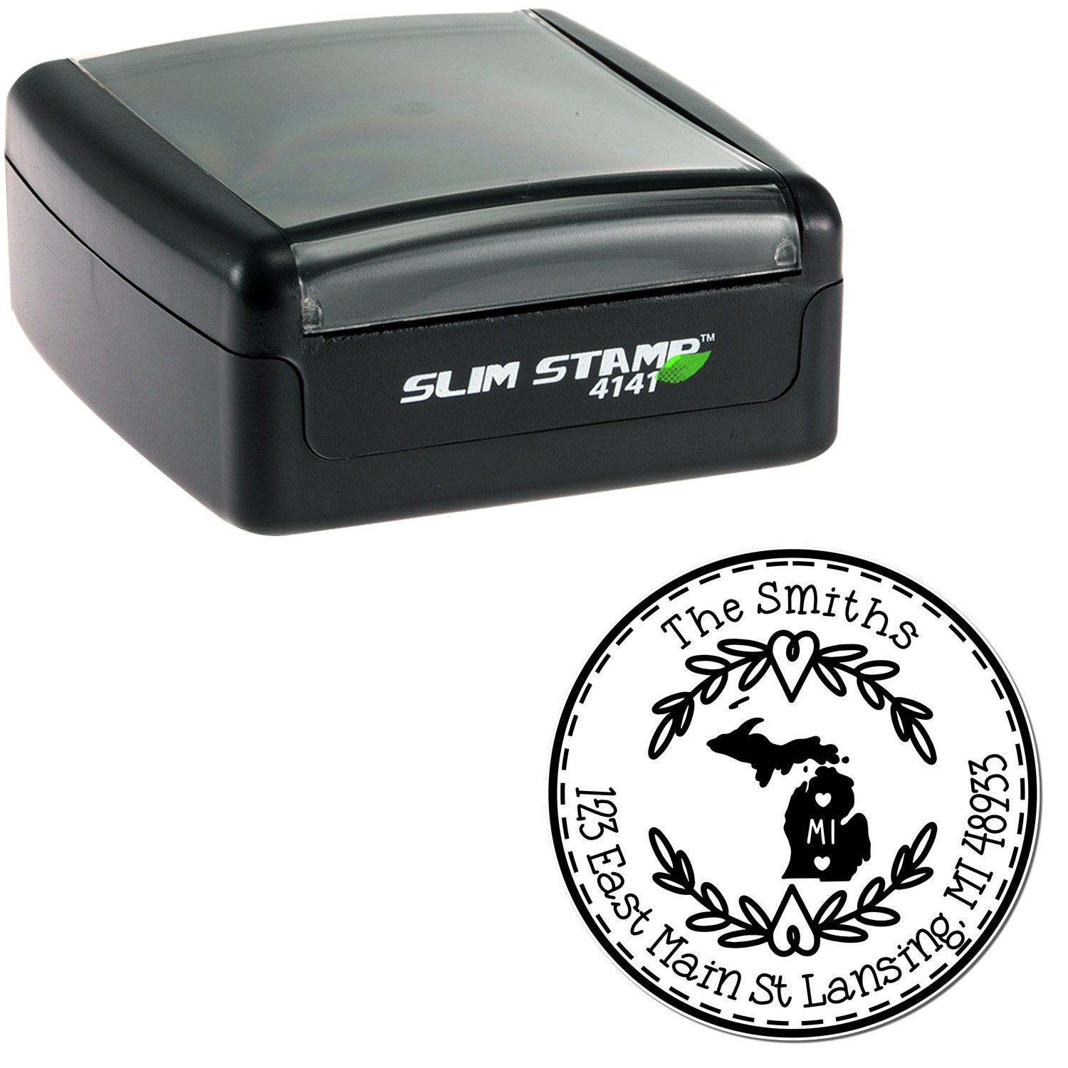Slim Michigan State Wreath Customizable New Home Address Pre-Inked Stamp - Engineer Seal Stamps