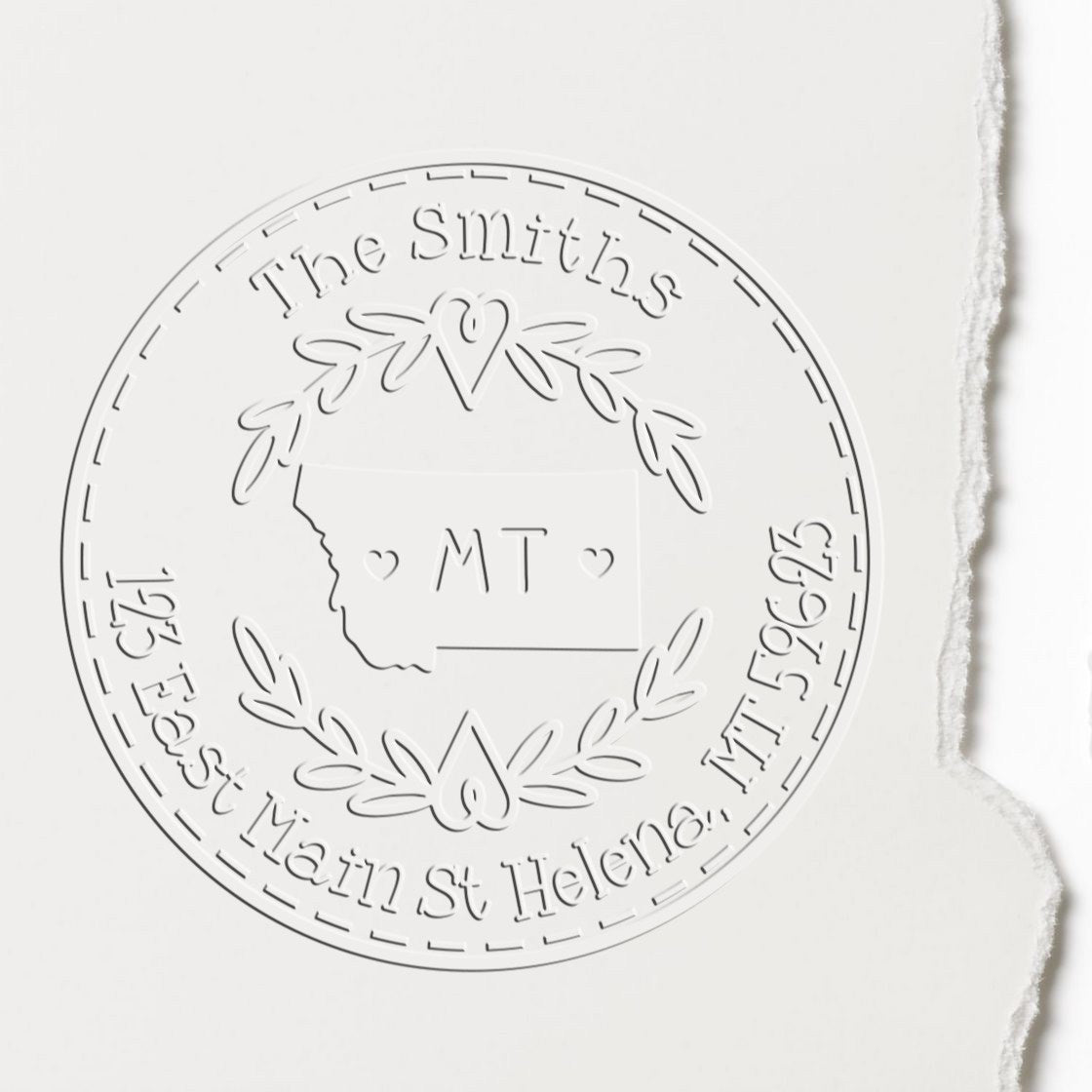 Trodat State Love Stamps MT Custom Address Return Seal featuring a state-shaped design in use.