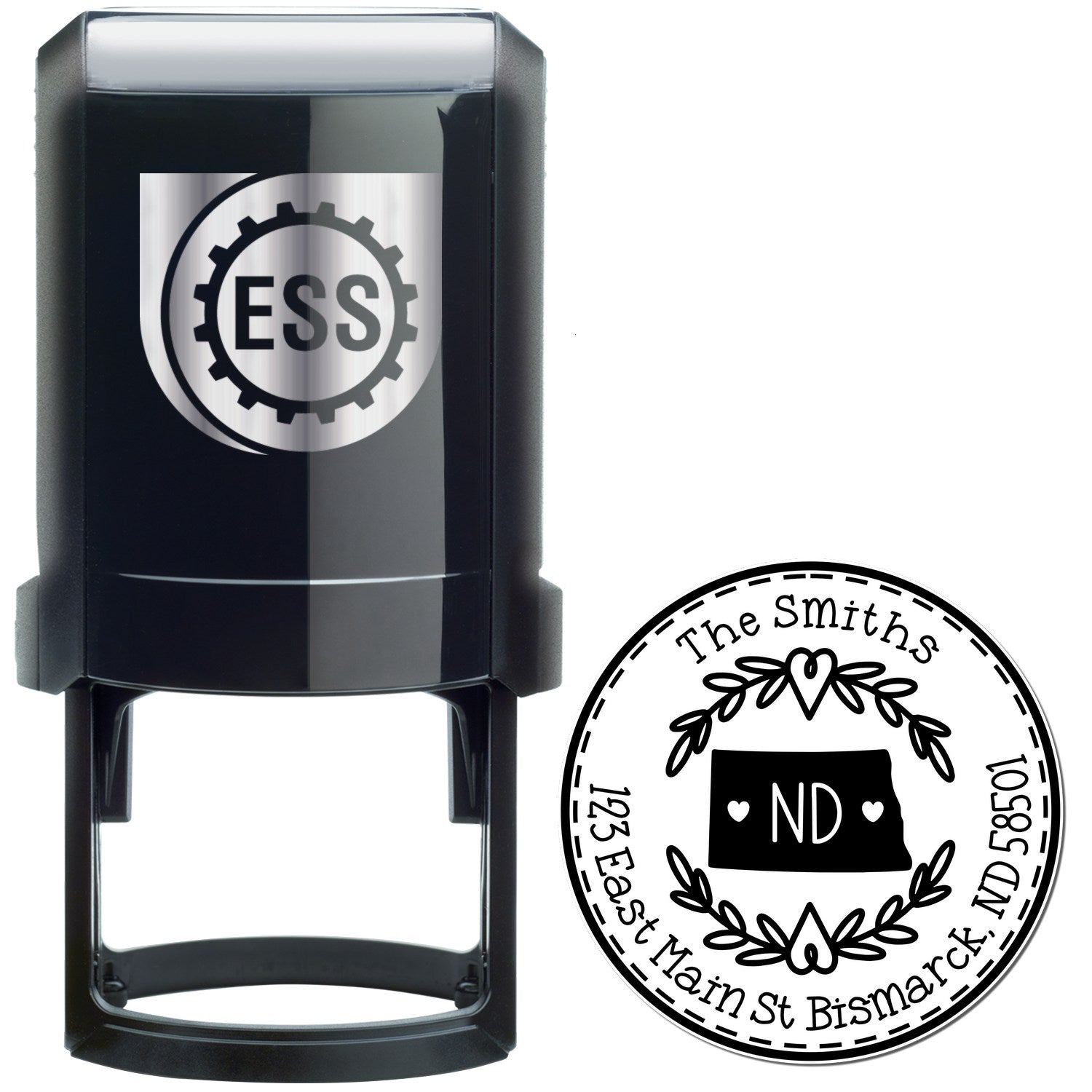 Self-Inking Round North Dakota State Wreath Custom-Made Name and Address Stamper - Engineer Seal Stamps