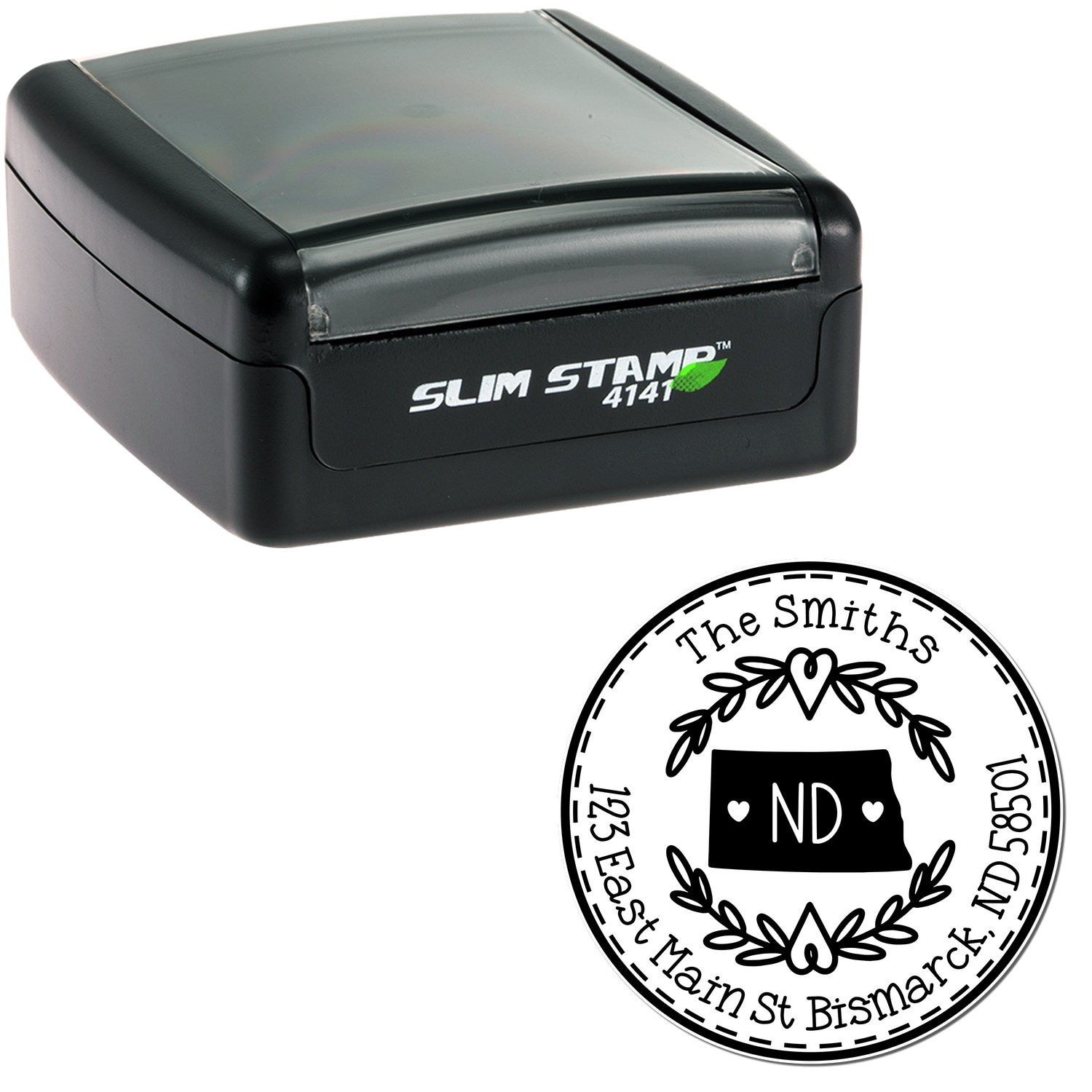 Slim North Dakota State Wreath Customized Address Pre-Inked Stamp - Engineer Seal Stamps