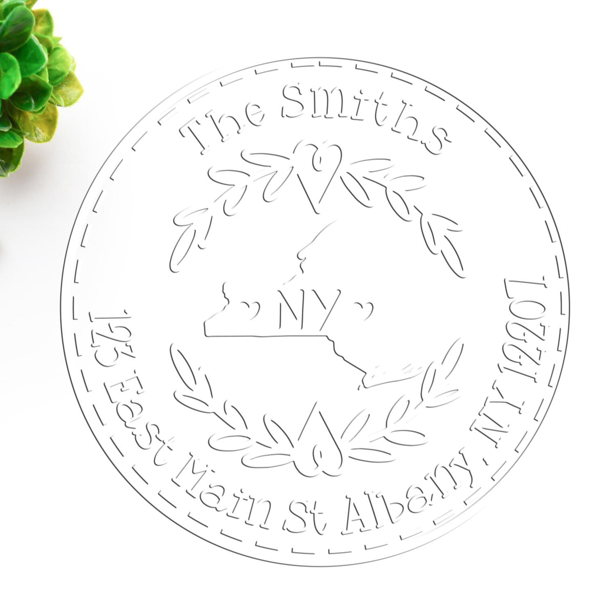 Circular custom stamp seal for The Smiths, with New York outline, laurel wreath, and light gray lettering on white.
