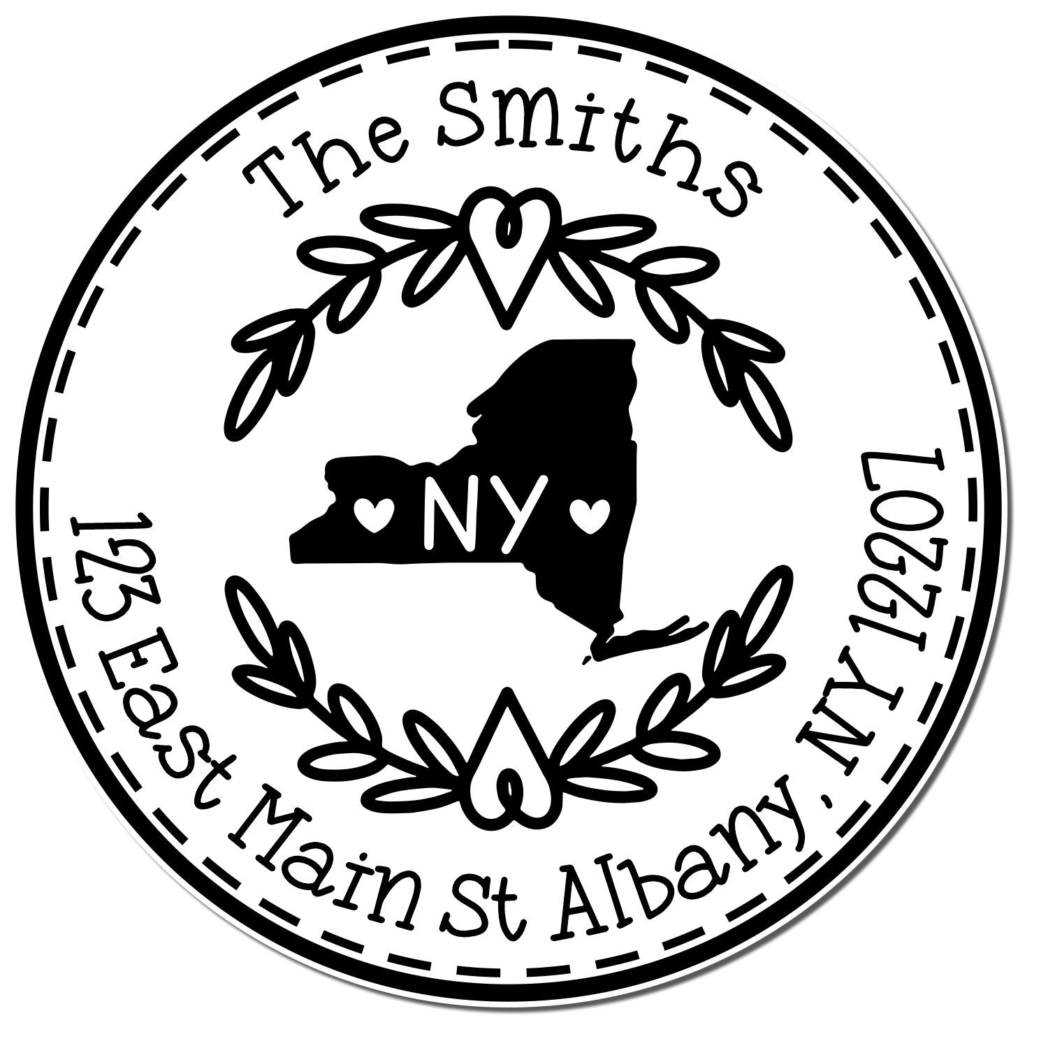 Self-Inking Round New York State Wreath Custom-Made Name and Address Rubber Stamp - Engineer Seal Stamps
