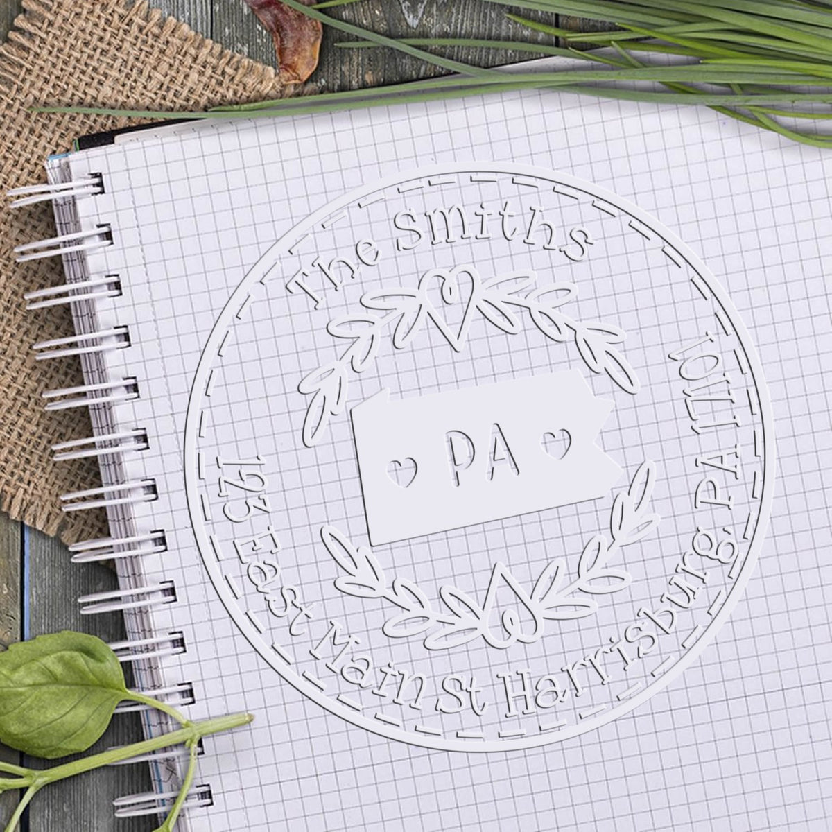 Trodat State Wreath PA custom mail address seal with state love stamps design in use on mail.