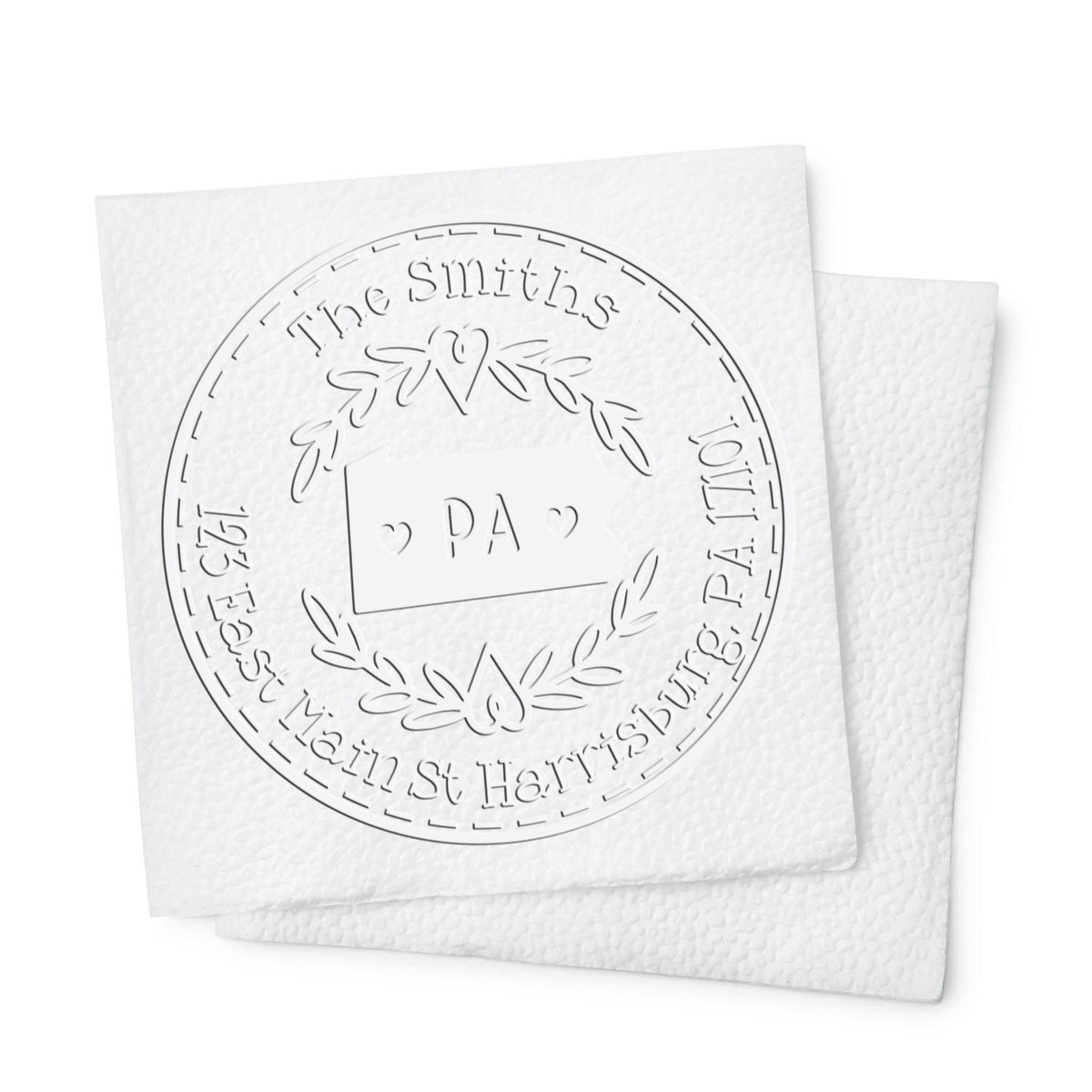 Trodat State Wreath PA Custom Mail Address Seal from State Love Stamps, showing the engraved Pennsylvania state design in use.