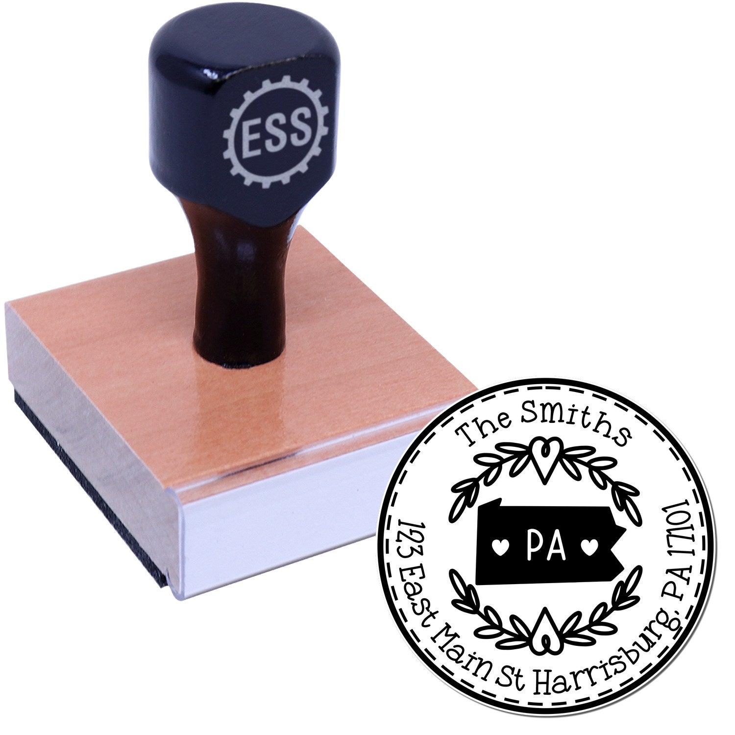 Wooden Handle Round Pennsylvania State Wreath New Home Address Stamp - Engineer Seal Stamps
