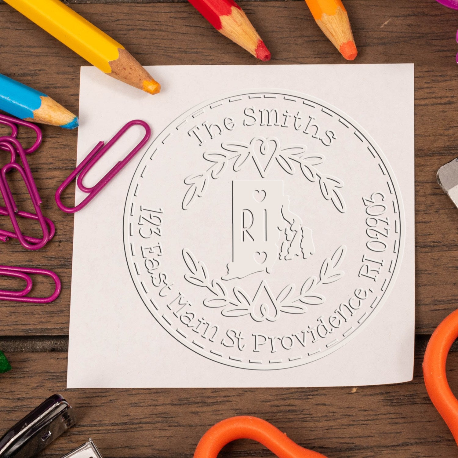 Rhode Island Decorative Wreath Customizable Mailing Address Stamp Hybrid Embosser - Engineer Seal Stamps