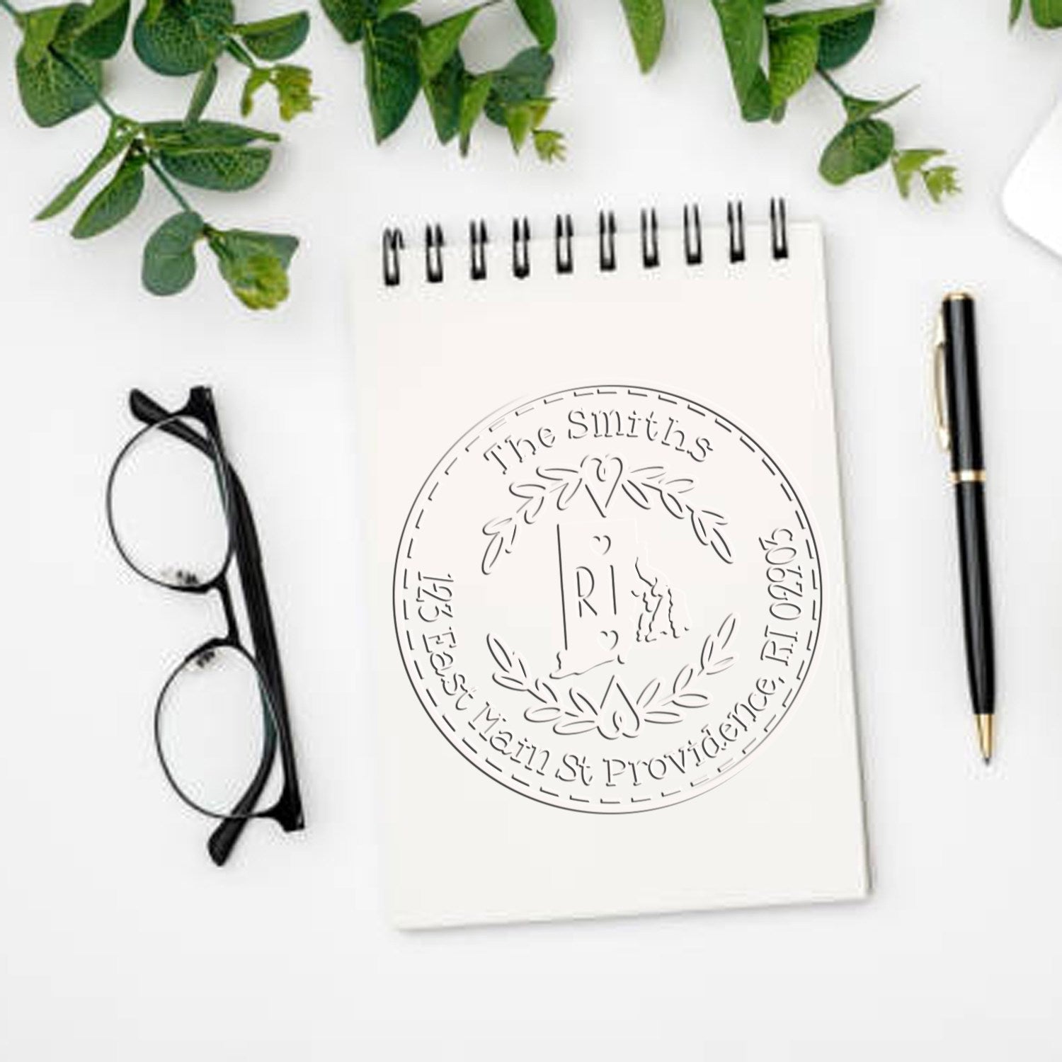 Rhode Island Decorative Wreath Customizable Mailing Address Stamp Hybrid Embosser - Engineer Seal Stamps