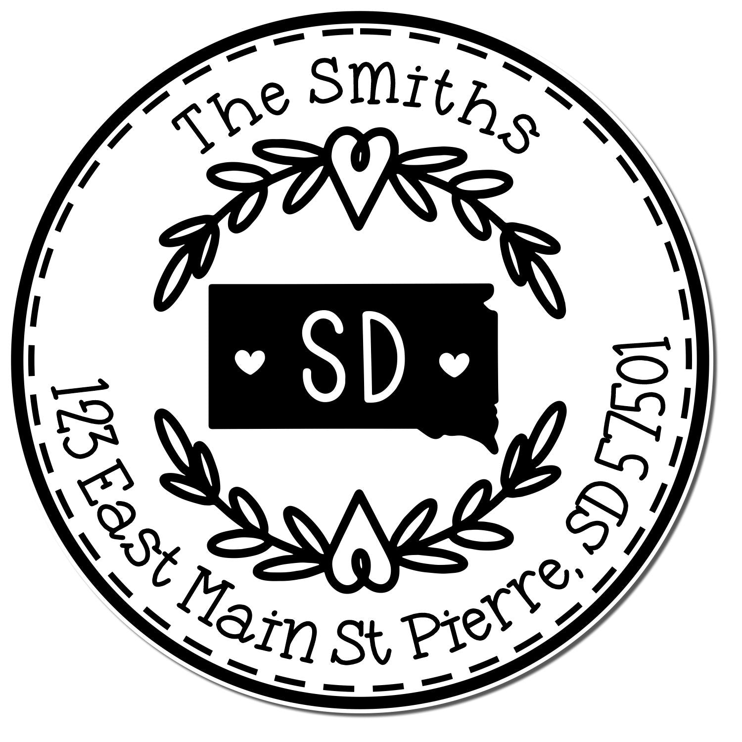 Wooden Handle Round South Dakota State Wreath Personalized Address Label Stamp - Engineer Seal Stamps