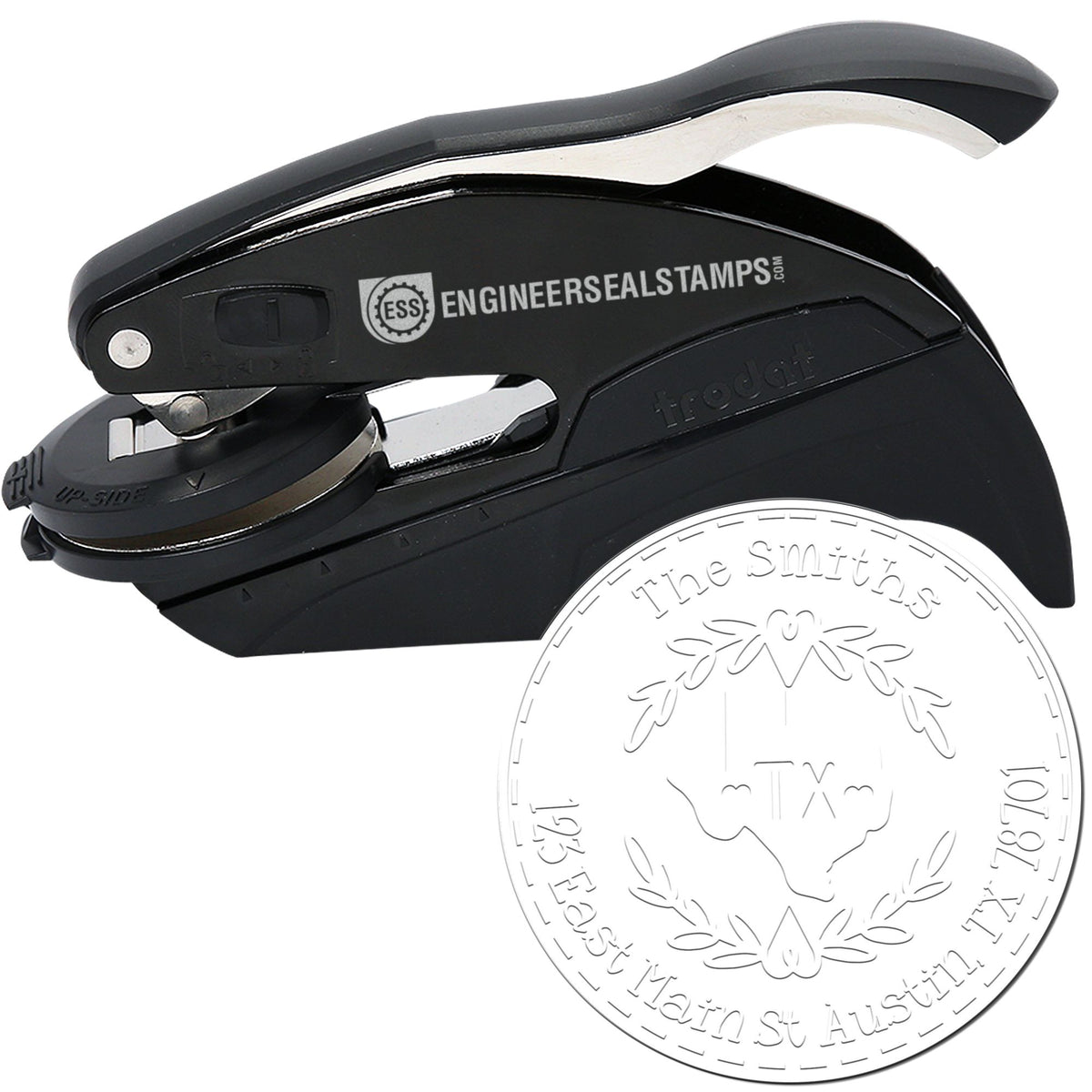 Black self-inking stamp with silver accents and a round custom seal impression for The Smiths, 1278 Yarra, Austin.