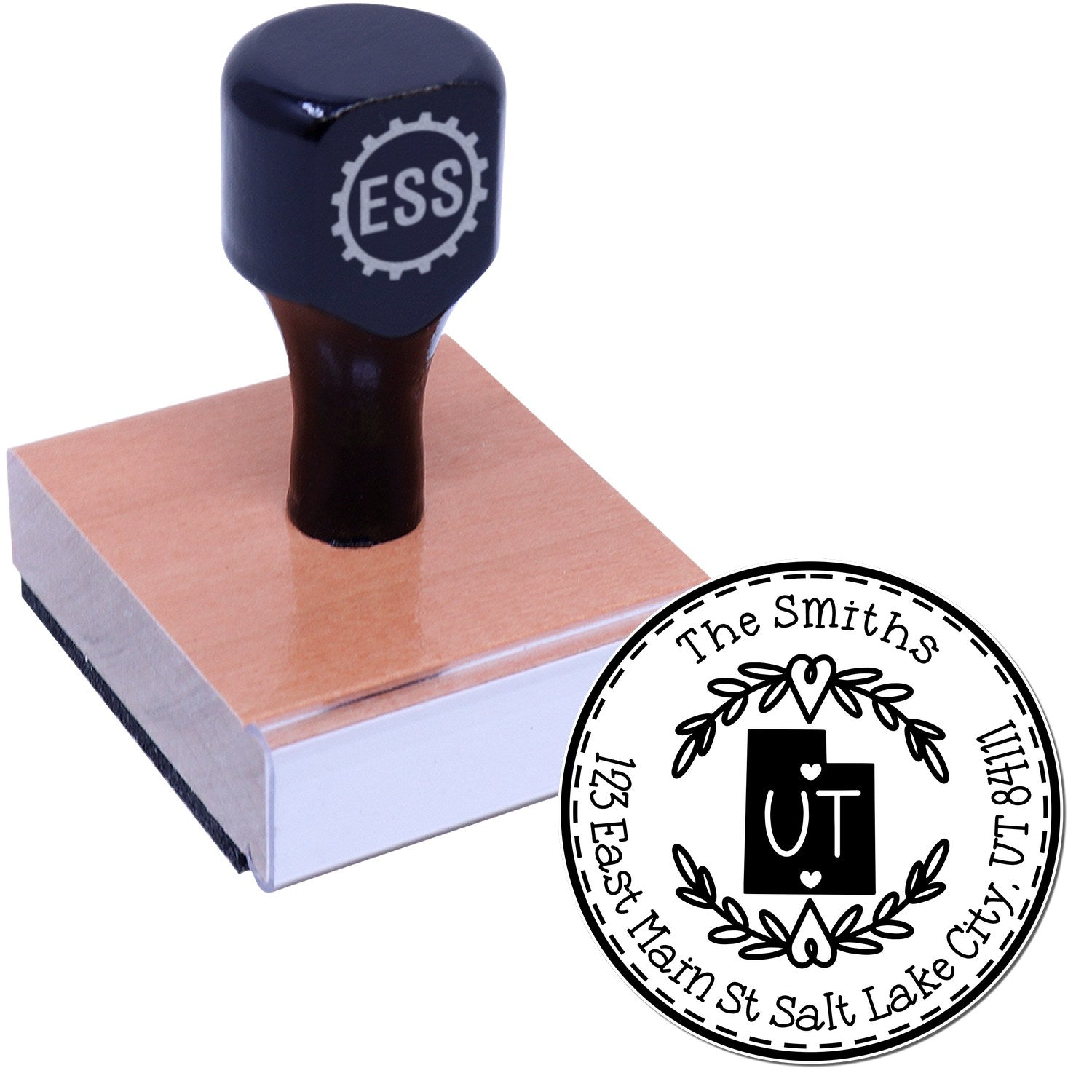 Wooden Handle Round Utah State Wreath Personalized Address Return Stamp - Engineer Seal Stamps