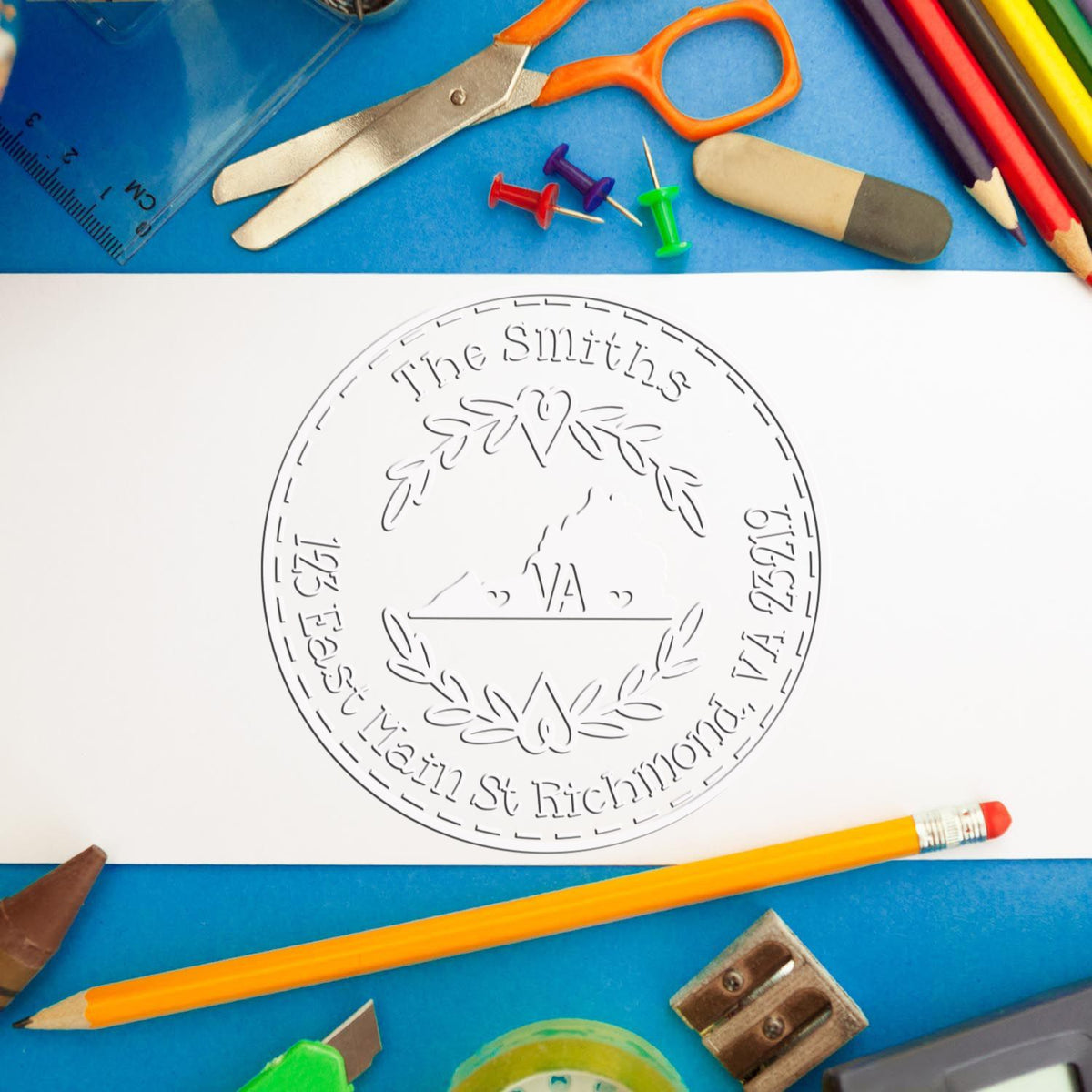 Embossed circular stamp seal for The Smiths on white paper, framed by colorful school tools on a blue background.