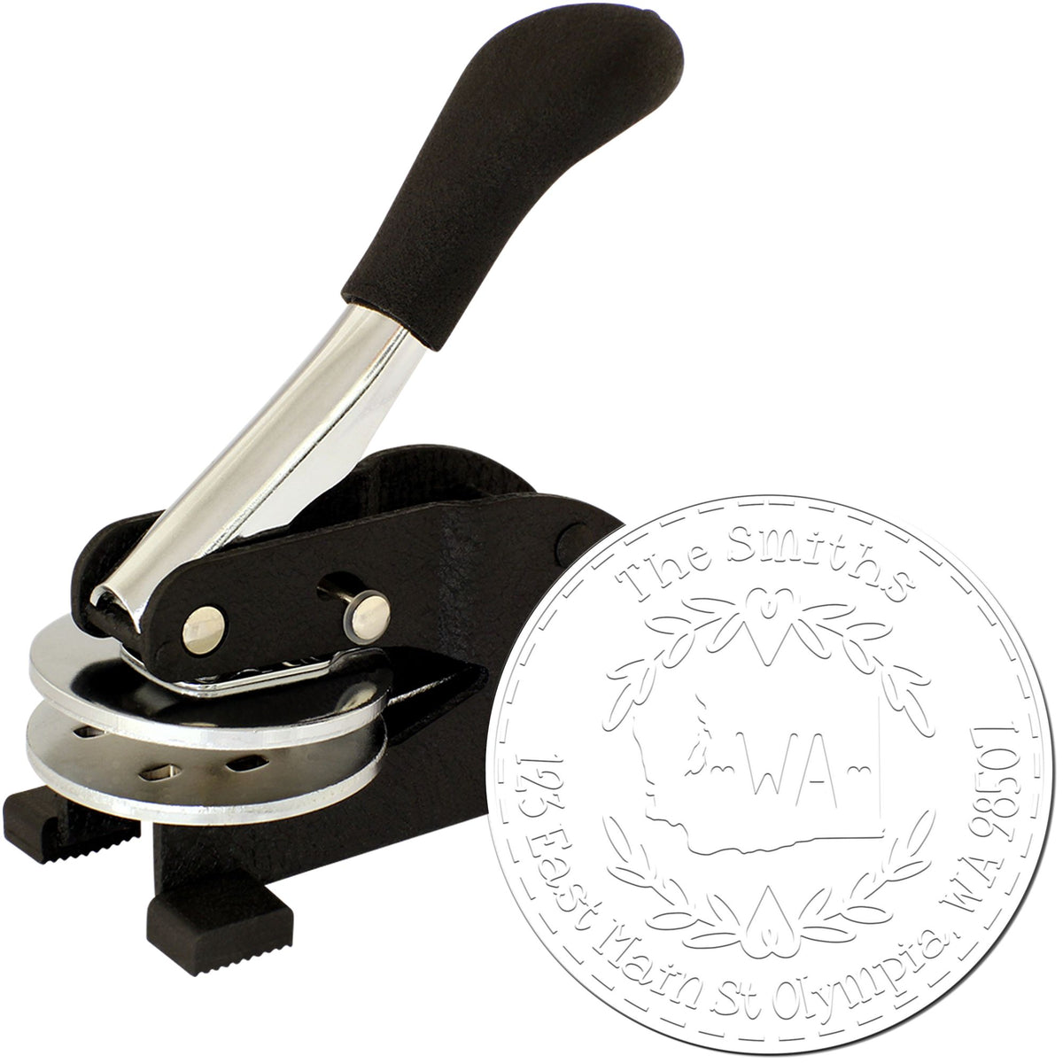 Black-handled metal embossing stamp and seal press with circular custom crest design on white background
