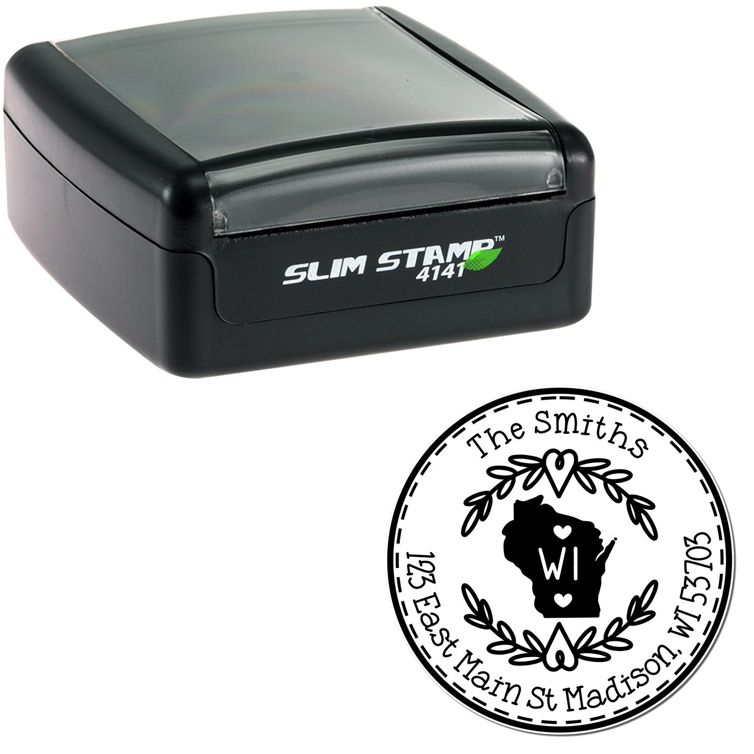 Slim Wisconsin State Wreath Customized Mailing Address Pre-Inked Stamp - Engineer Seal Stamps