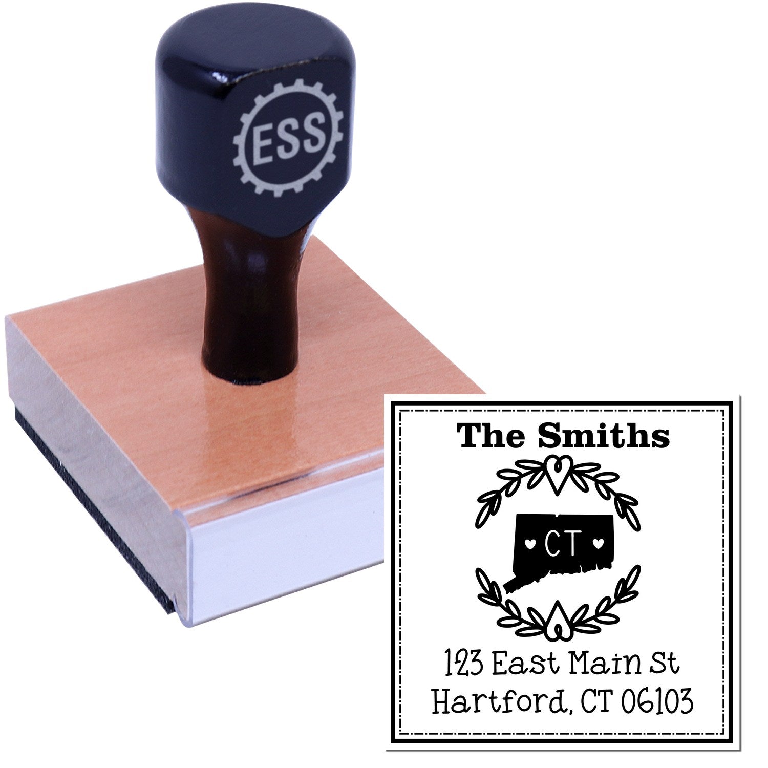 Wood Handle Connecticut State Wreath Custom-Made Return Address Stamp - Engineer Seal Stamps