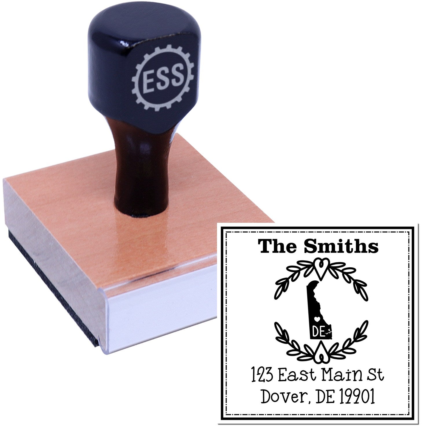 Wood Handle Delaware State Wreath Custom-Made Return Address Stamper - Engineer Seal Stamps