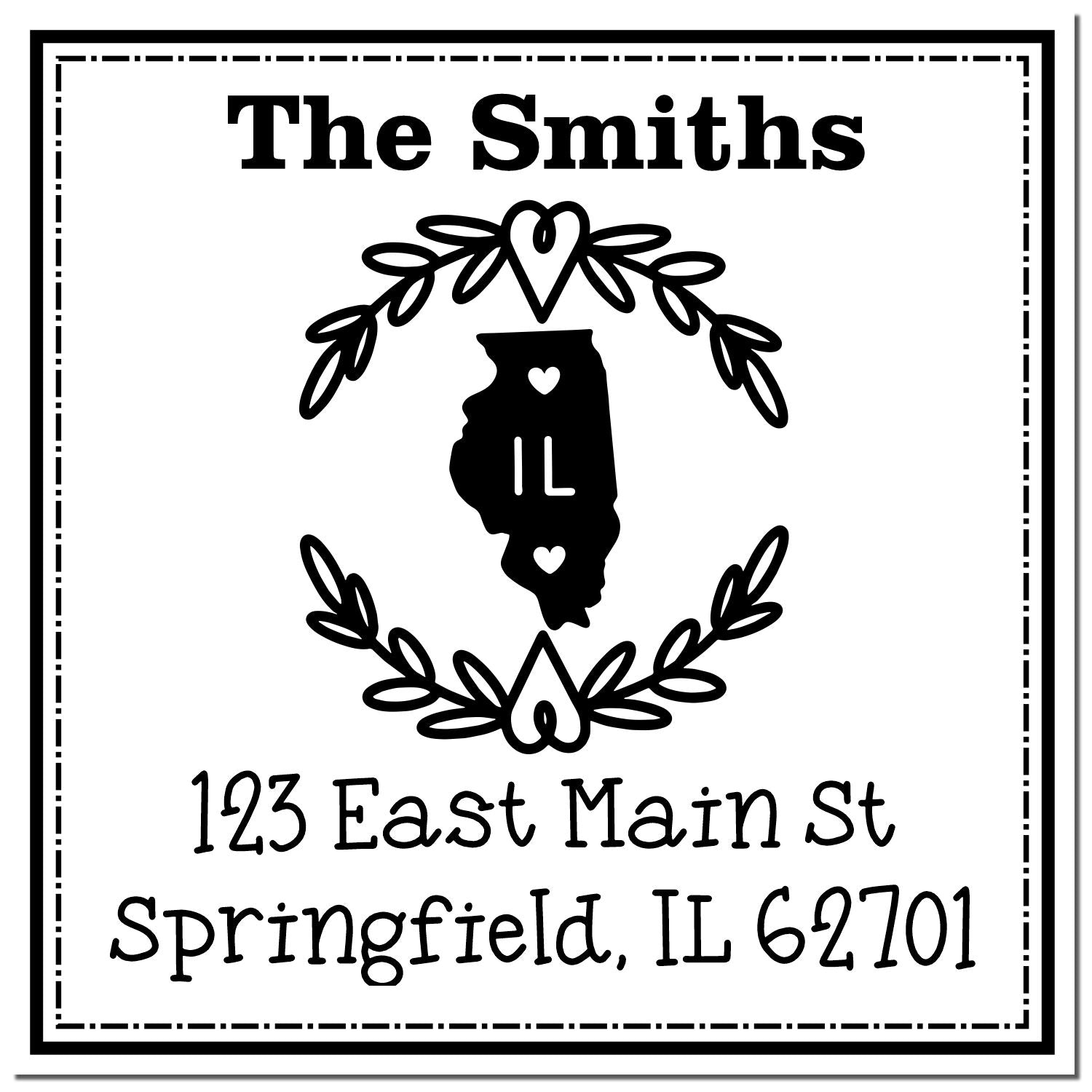 Black-and-white custom address stamp seal for The Smiths with Illinois silhouette, wreath, and Springfield, IL 62701.