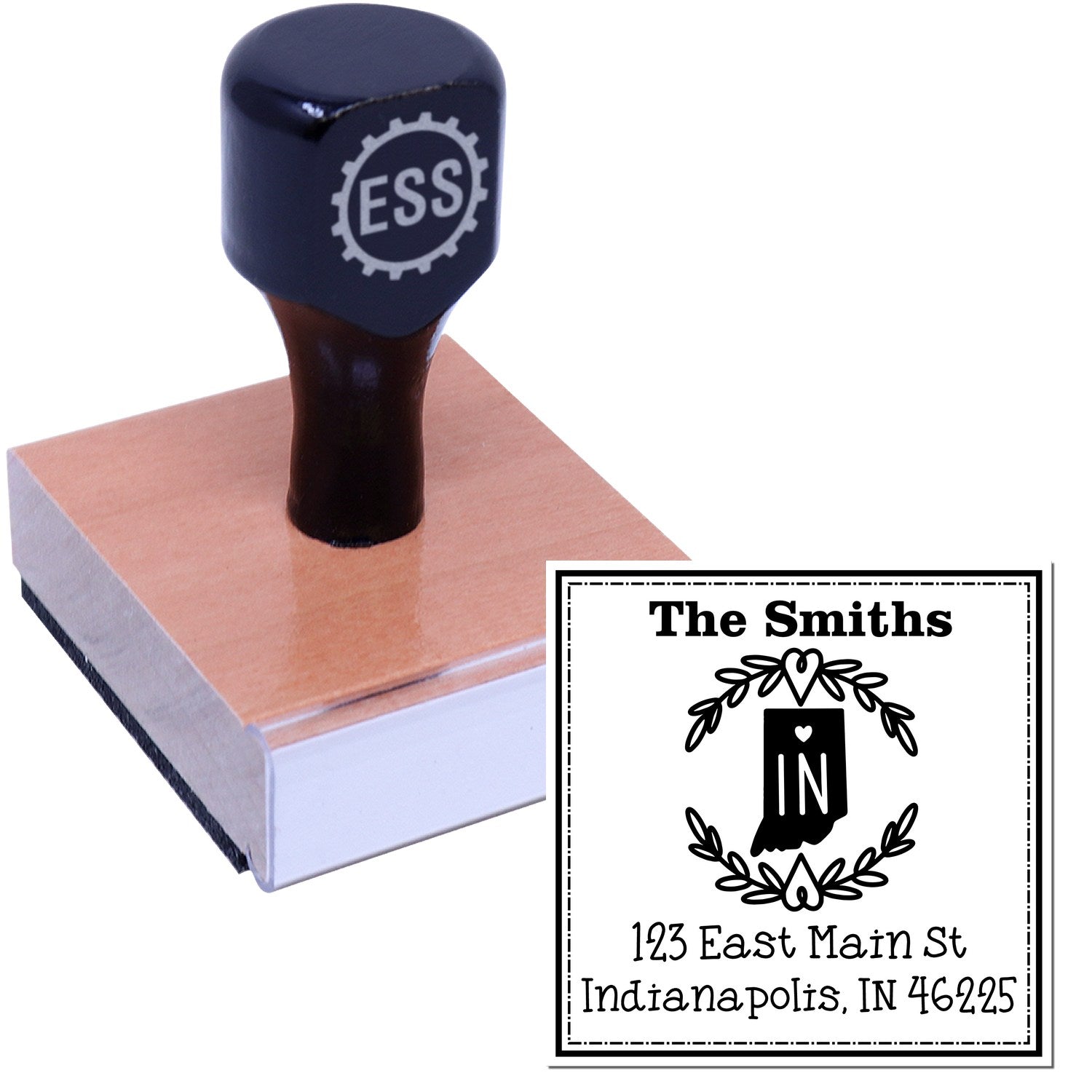 Wood Handle Indiana State Wreath Custom-Made Mailing Stamper - Engineer Seal Stamps