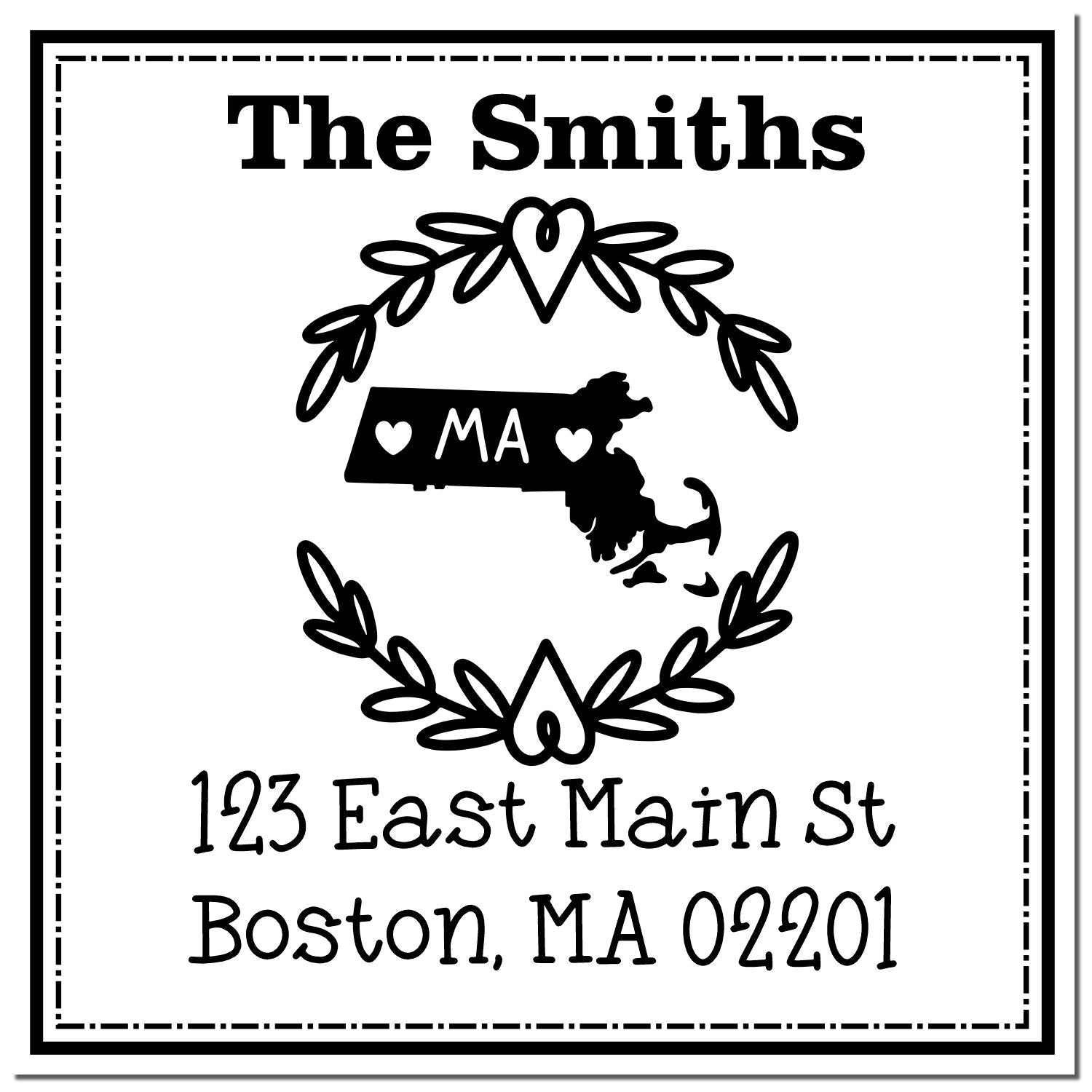 Black-and-white custom family address stamp with laurel wreath, Massachusetts silhouette, and The Smiths, 123 East Main St, Boston, MA 02201.