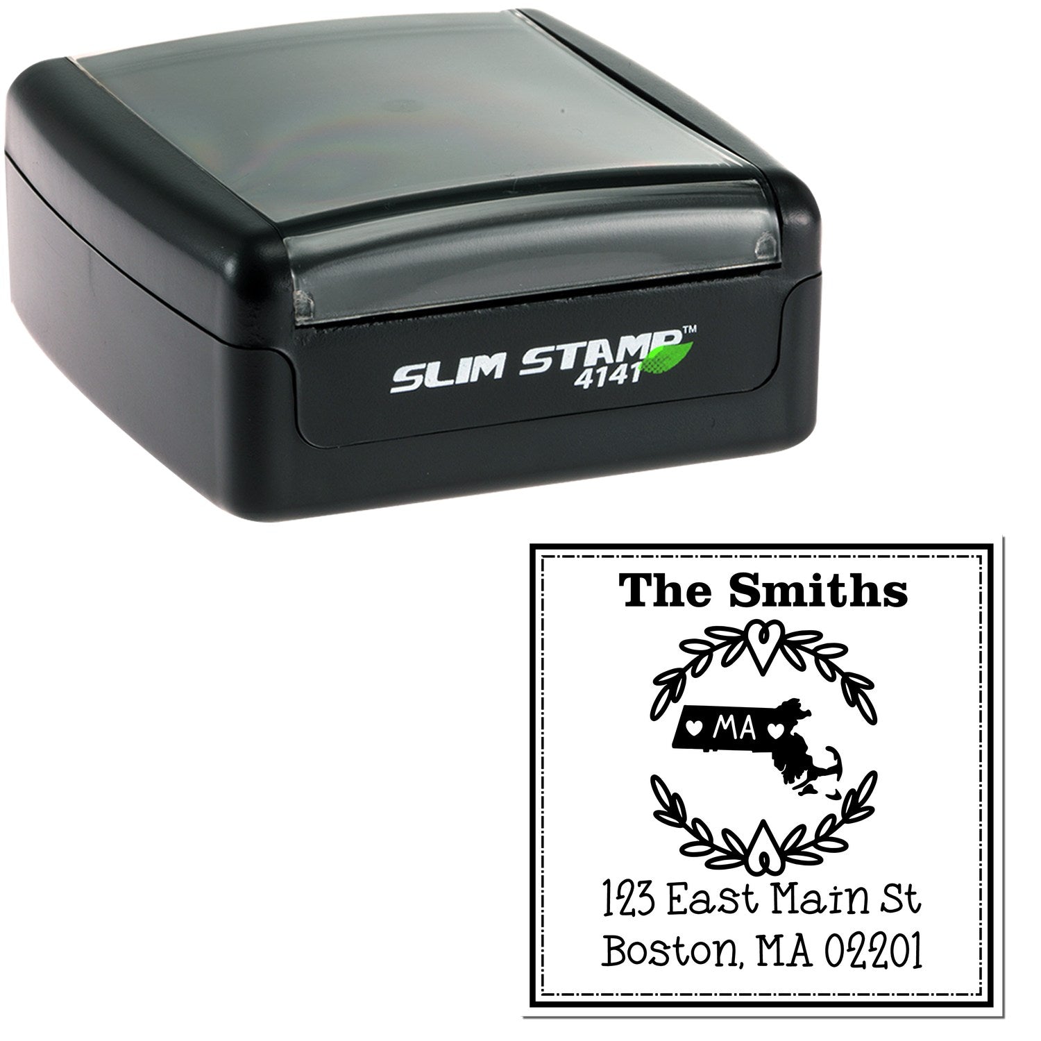 Slim Massachusetts State Wreath Personalized Address Pre-Inked Stamp - Engineer Seal Stamps