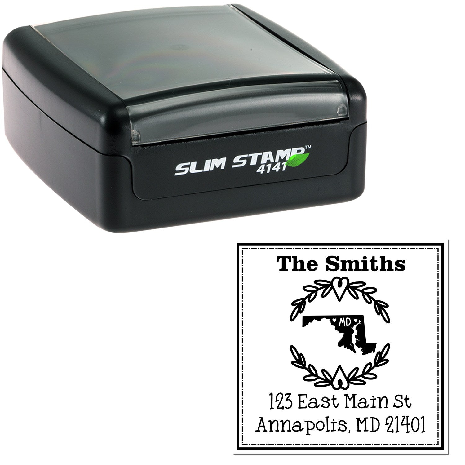 Black Slim Stamp self-inking stamp with white custom address seal for The Smiths, Maryland outline and wreath.