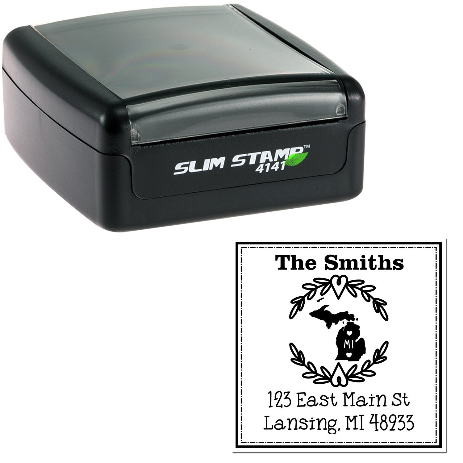Slim Michigan State Wreath Personalized Return Address Stamp - Engineer Seal Stamps