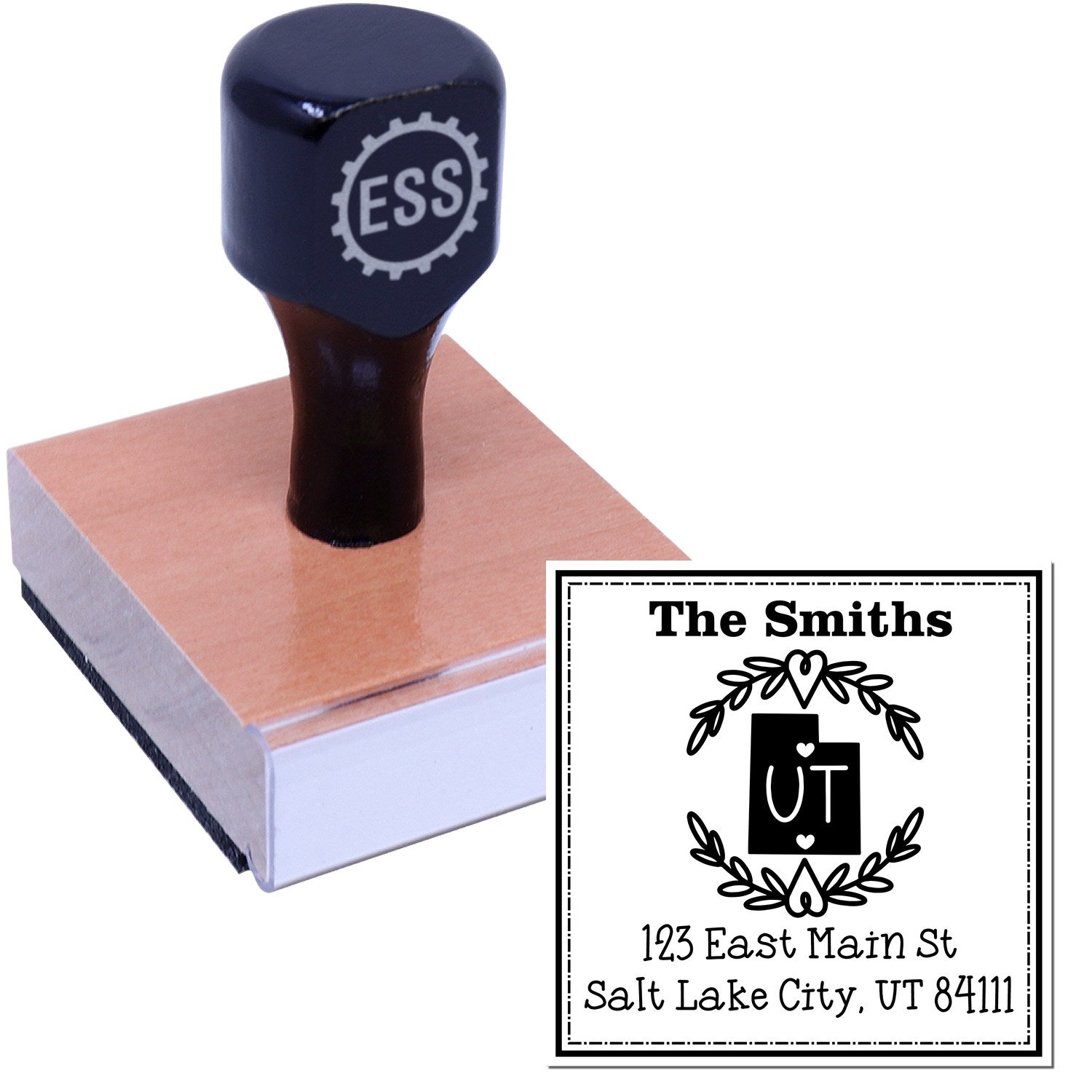 Wood Handle Utah State Wreath Personalized Address Stamper - Engineer Seal Stamps