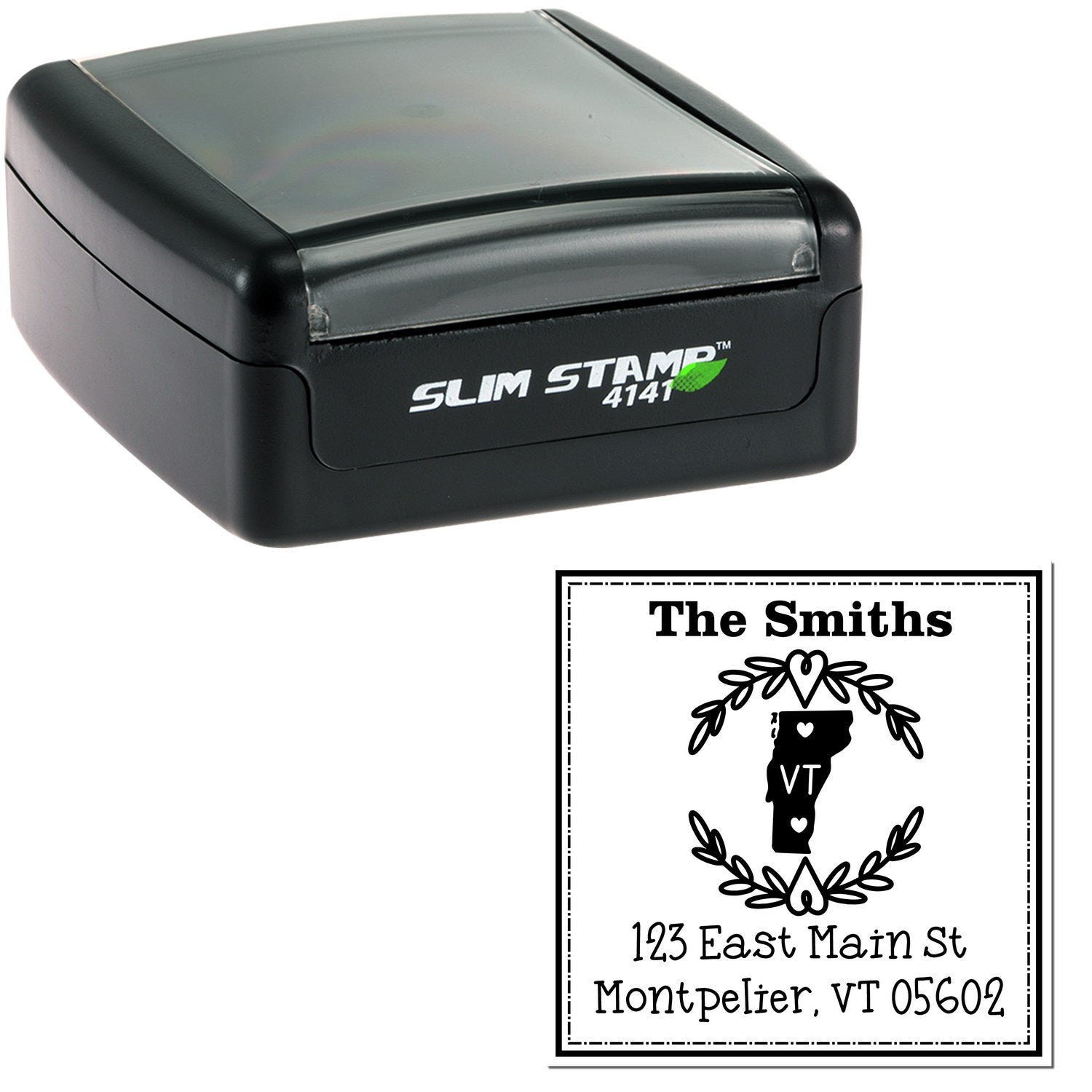 Slim Vermont State Wreath Personalized Mailing Address Pre-Inked Stamp - Engineer Seal Stamps