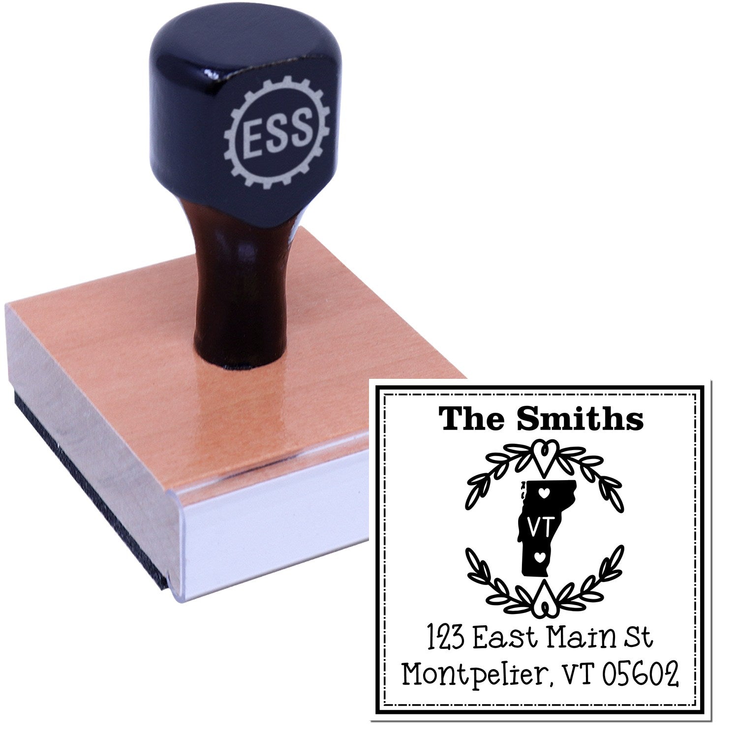 Wood Handle Vermont State Wreath Personalized Address Rubber Stamp - Engineer Seal Stamps