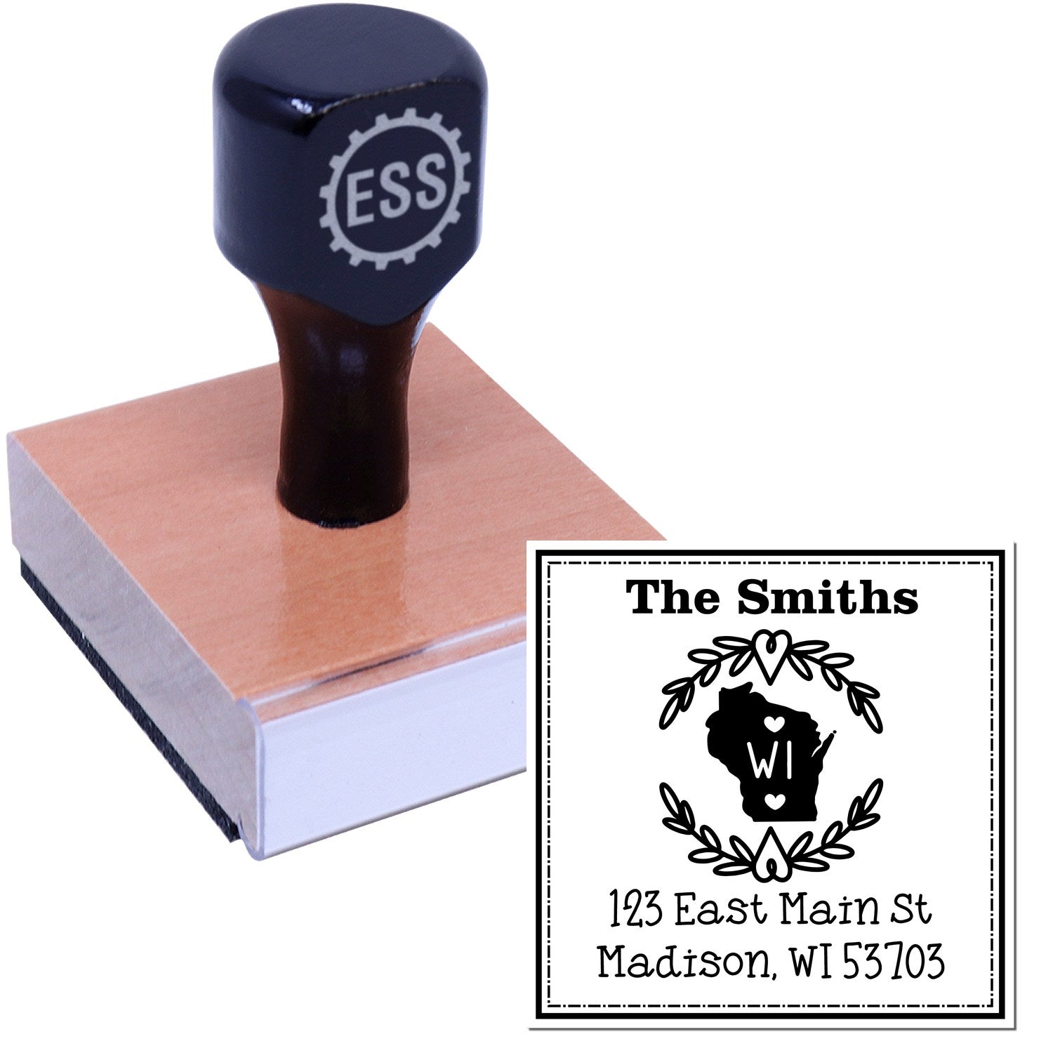 Wood Handle Wisconsin State Wreath Personalized Name and Address Stamp - Engineer Seal Stamps
