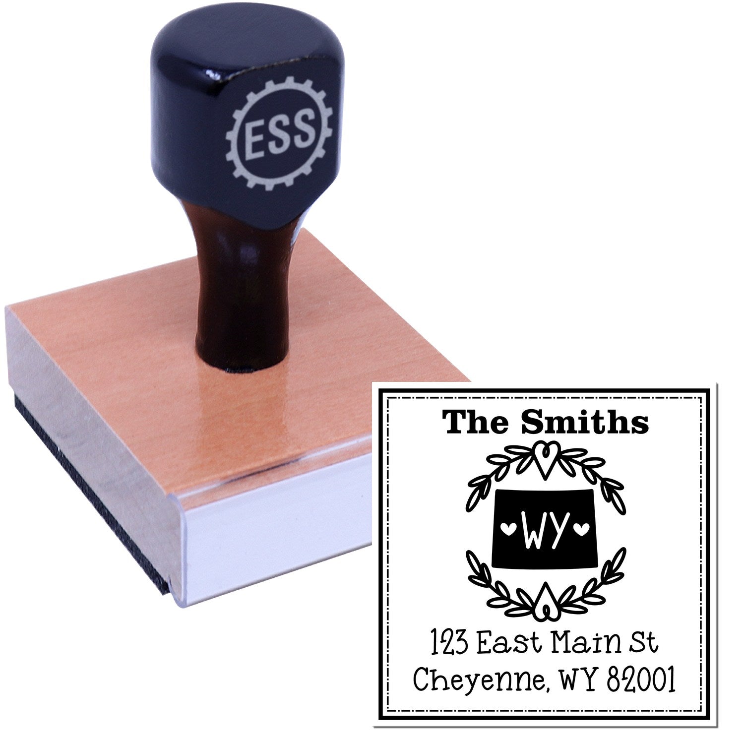 Wood Handle Wyoming State Wreath Personalized Name and Address Stamper - Engineer Seal Stamps