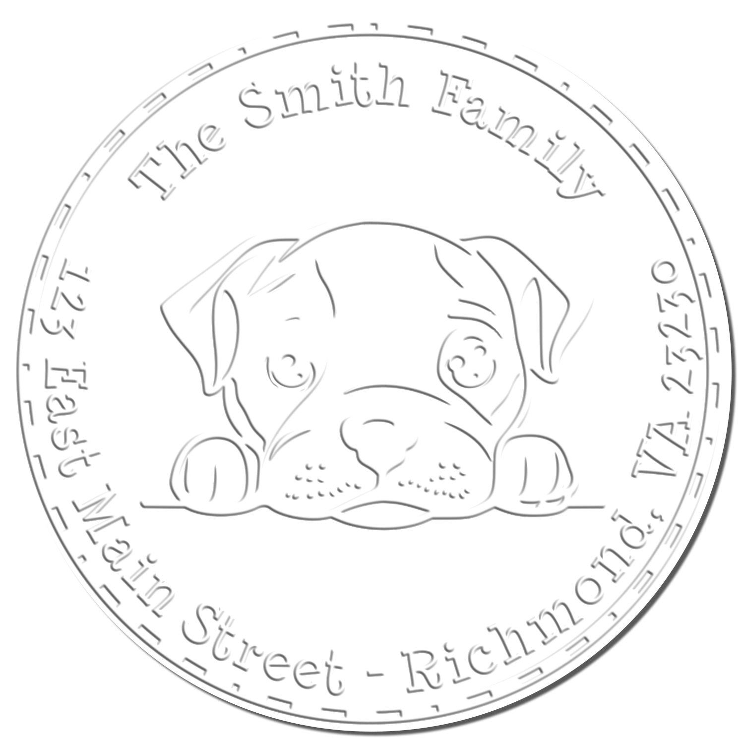 Silver circular stamp seal with a puppy outline and curved text reading The Smith Family, Street-Richmond.