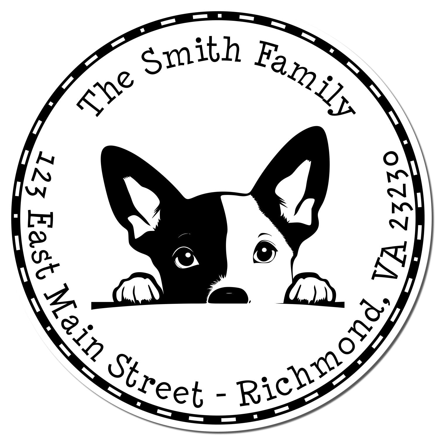 Round black-and-white custom address stamp seal with a peeking dog and The Smith Family around the border.