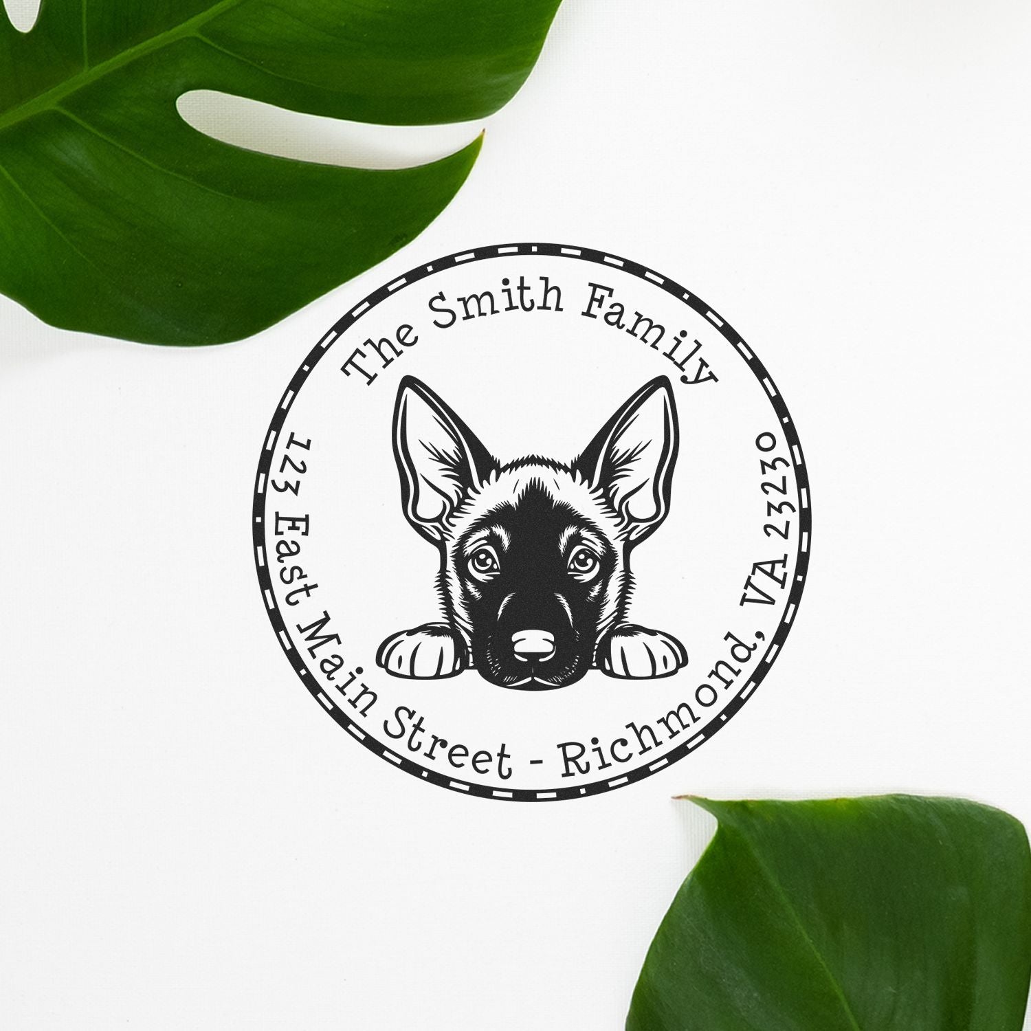 Round Pre-Inked Belgian Malinois Custom Address Return Stamp - Engineer Seal Stamps