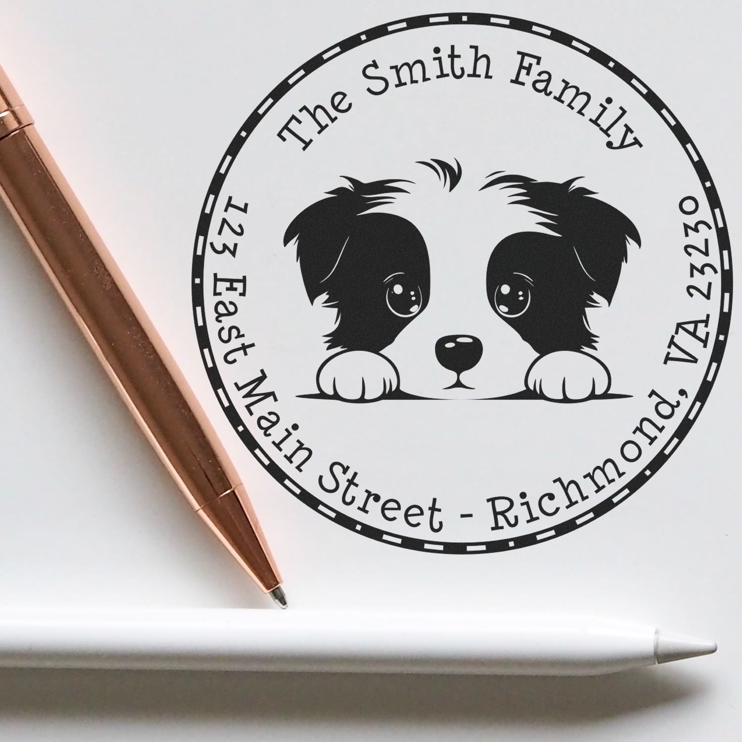 Round Pre-Inked Border Collie Custom Address Label Stamp - Engineer Seal Stamps