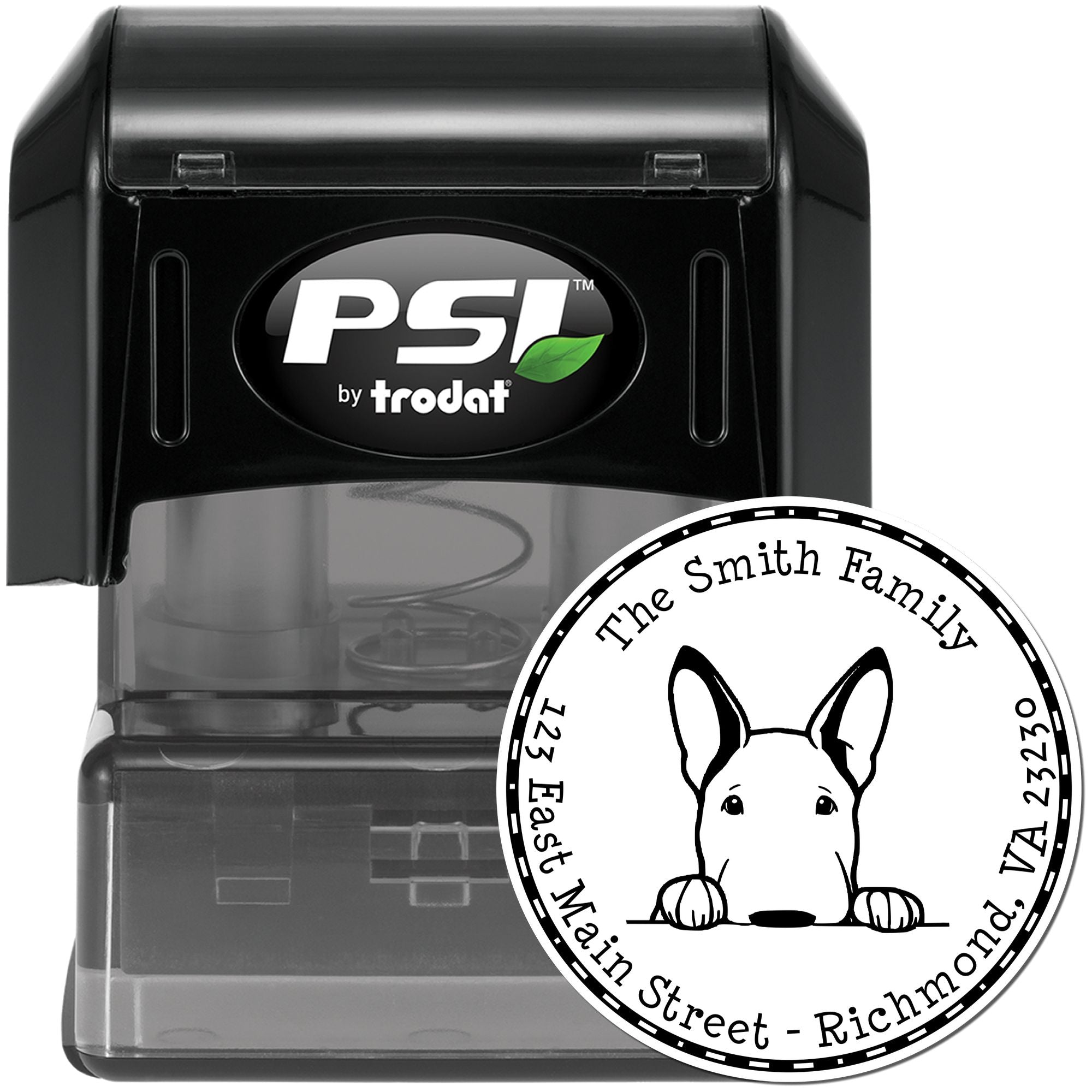 Round Pre-Inked Bull Terrier Custom Name and Address Stamp - Engineer Seal Stamps