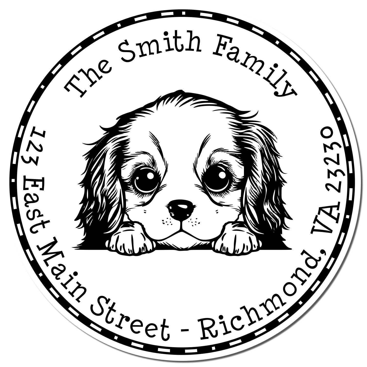 Black-and-white circular custom address stamp seal with puppy illustration and The Smith Family, East Main Street, Richmond, VA.
